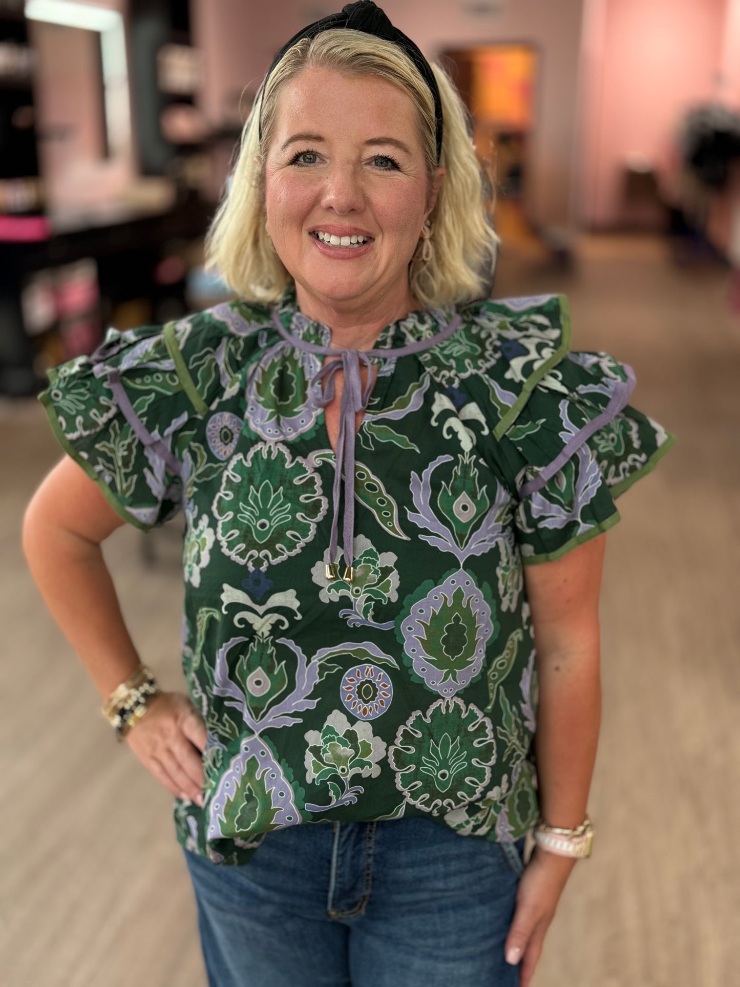 Green Ruffle Sleeve Printed Top