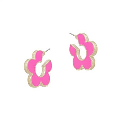 Hot Pink Flower Huggie Hoop