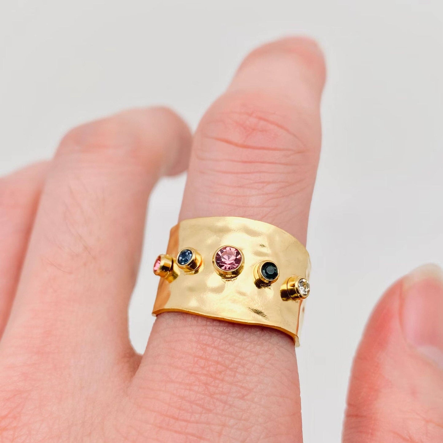 Colored Zircon Stainless Steel 18K Gold Plated Wide Ring