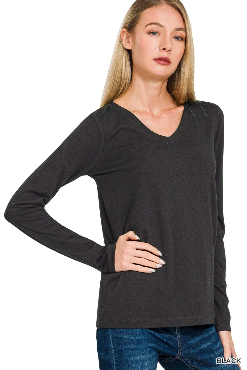 Cotton V-neck Long Sleeve Top (2 Colors)