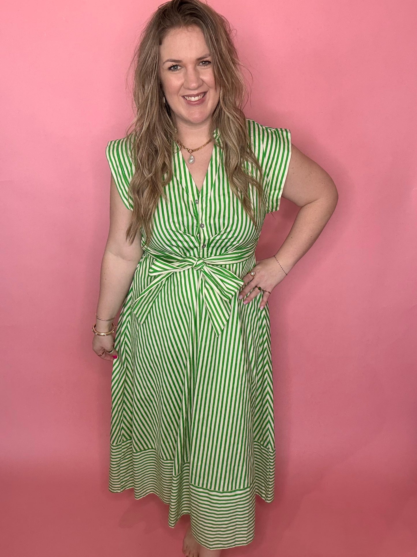 Green Stripe Tie Midi Dress