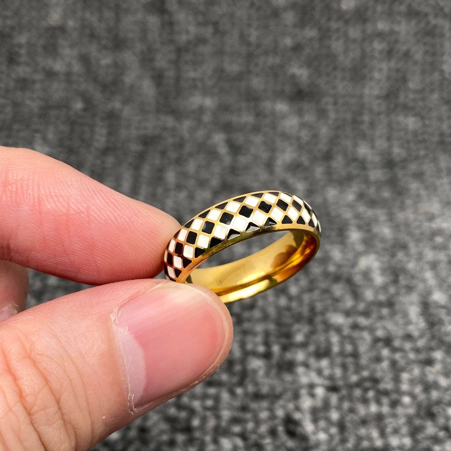 Enamel Black and White Grid 18K Gold Plated Ring