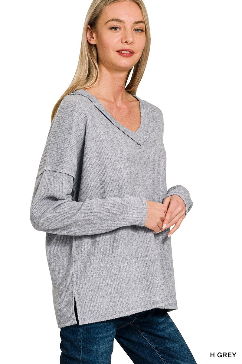 Gray Ribbed Long Sleeve Top