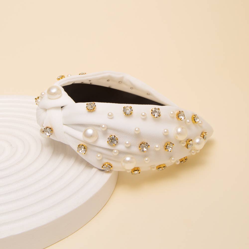 Rhinestone and Pearl Headband: White