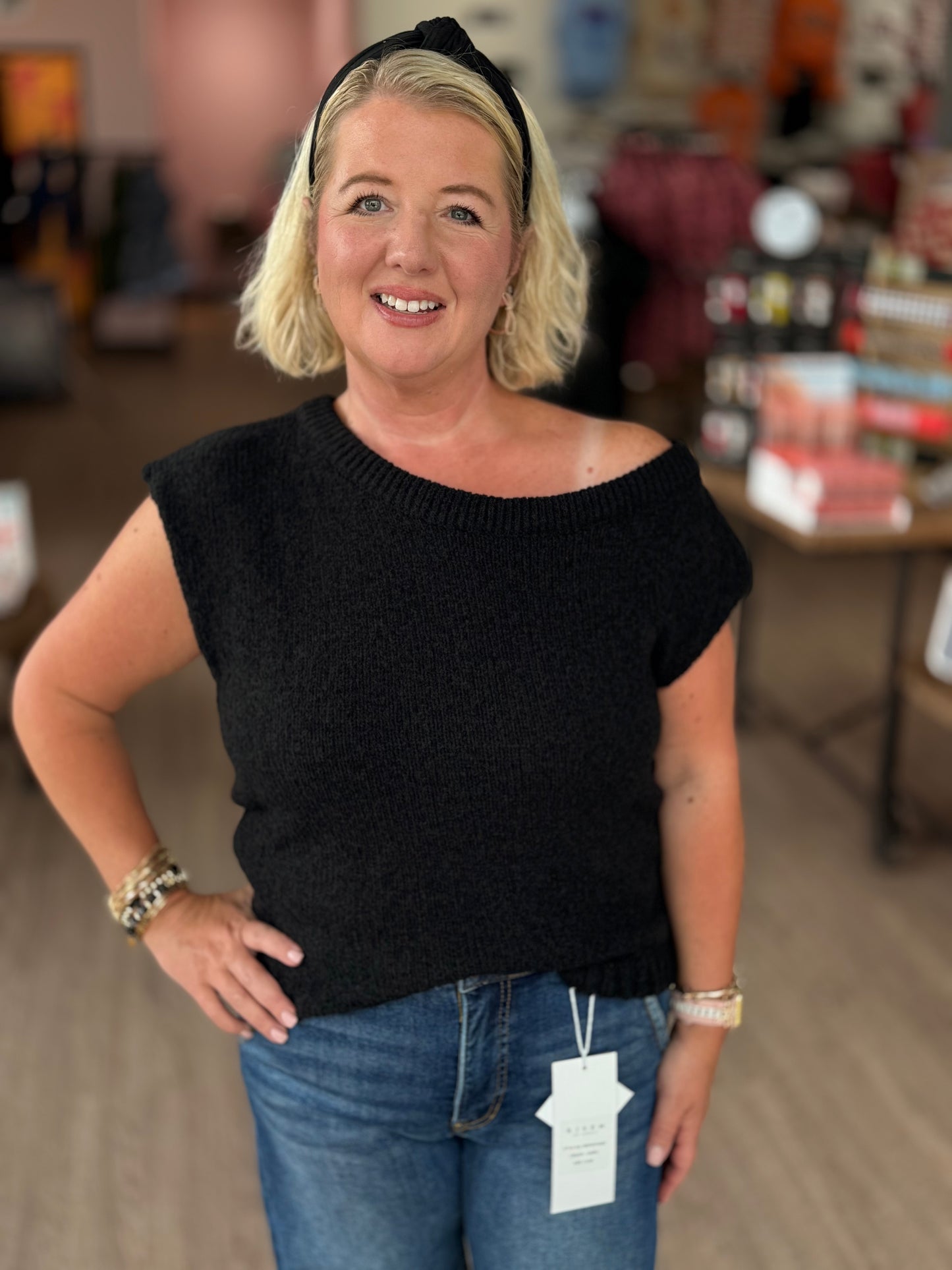 Wide Shoulder Black Knit Top