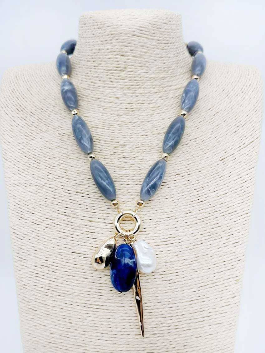 Grey Natural Stone with Pearl and Stone Charms Necklace