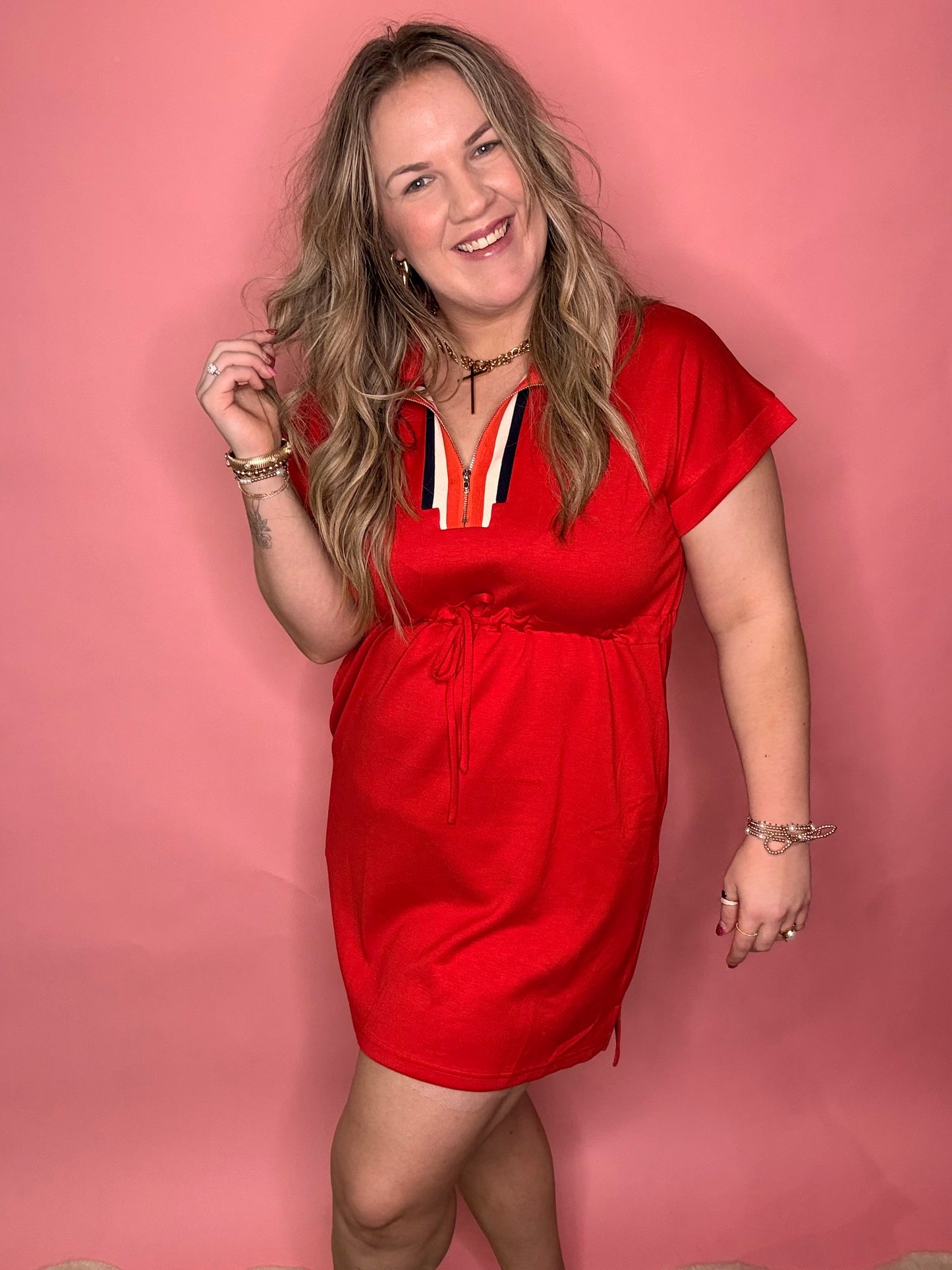 Red Scuba Cinched Tie Waist Dress