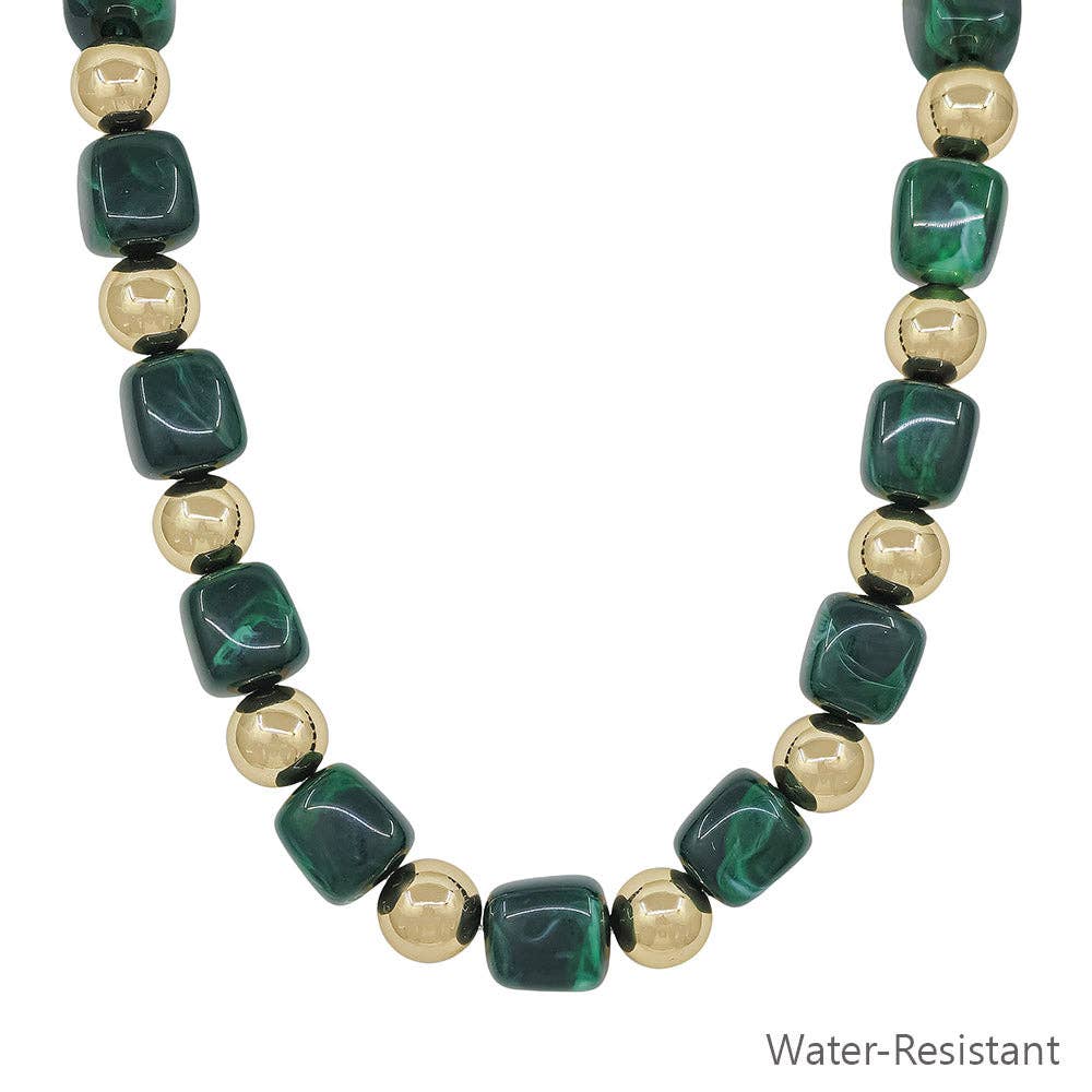 Water Resistant Gold and Emerald Green Beaded Necklace