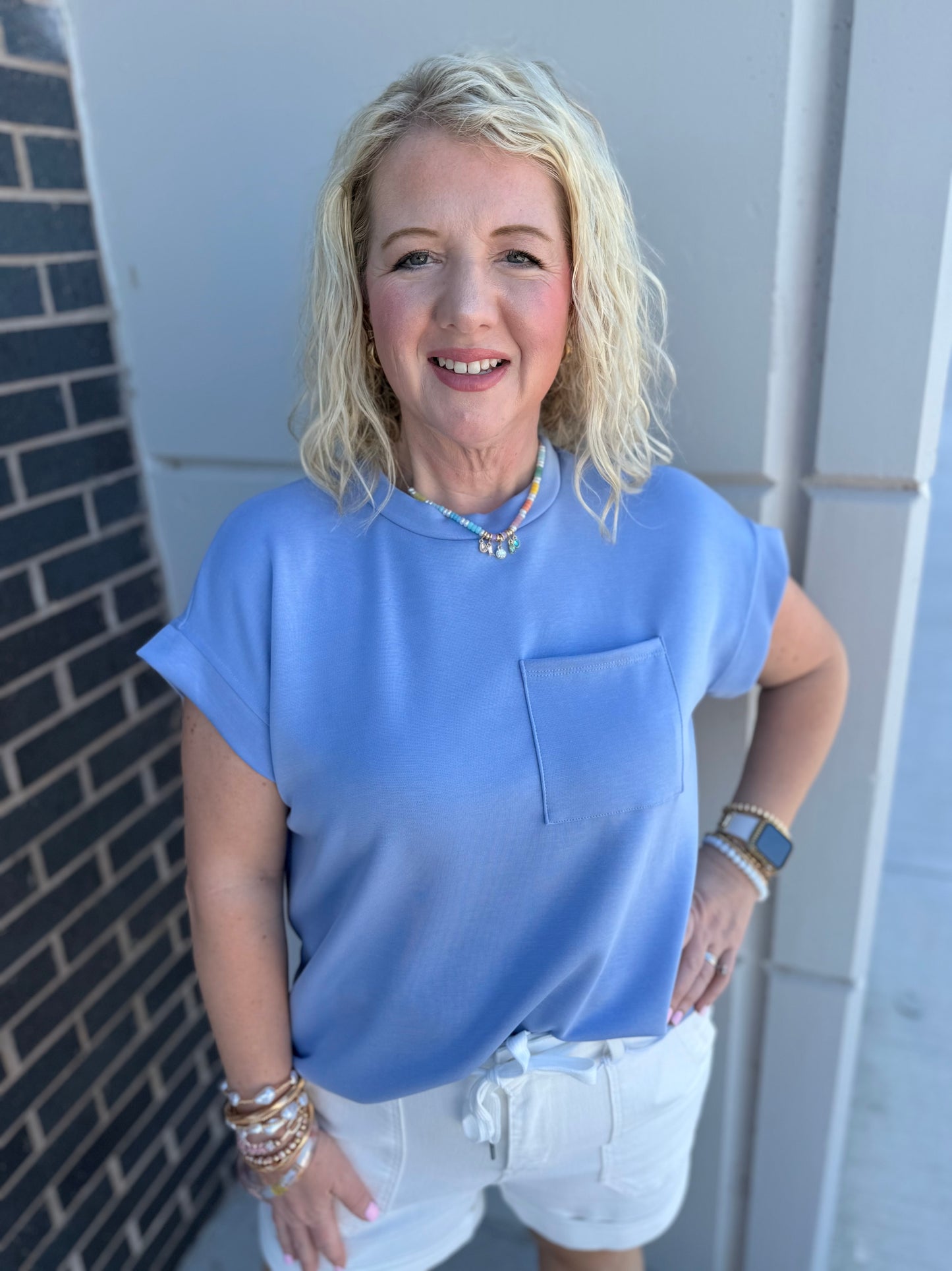 Perry Blue Cuffed Sleeve Top