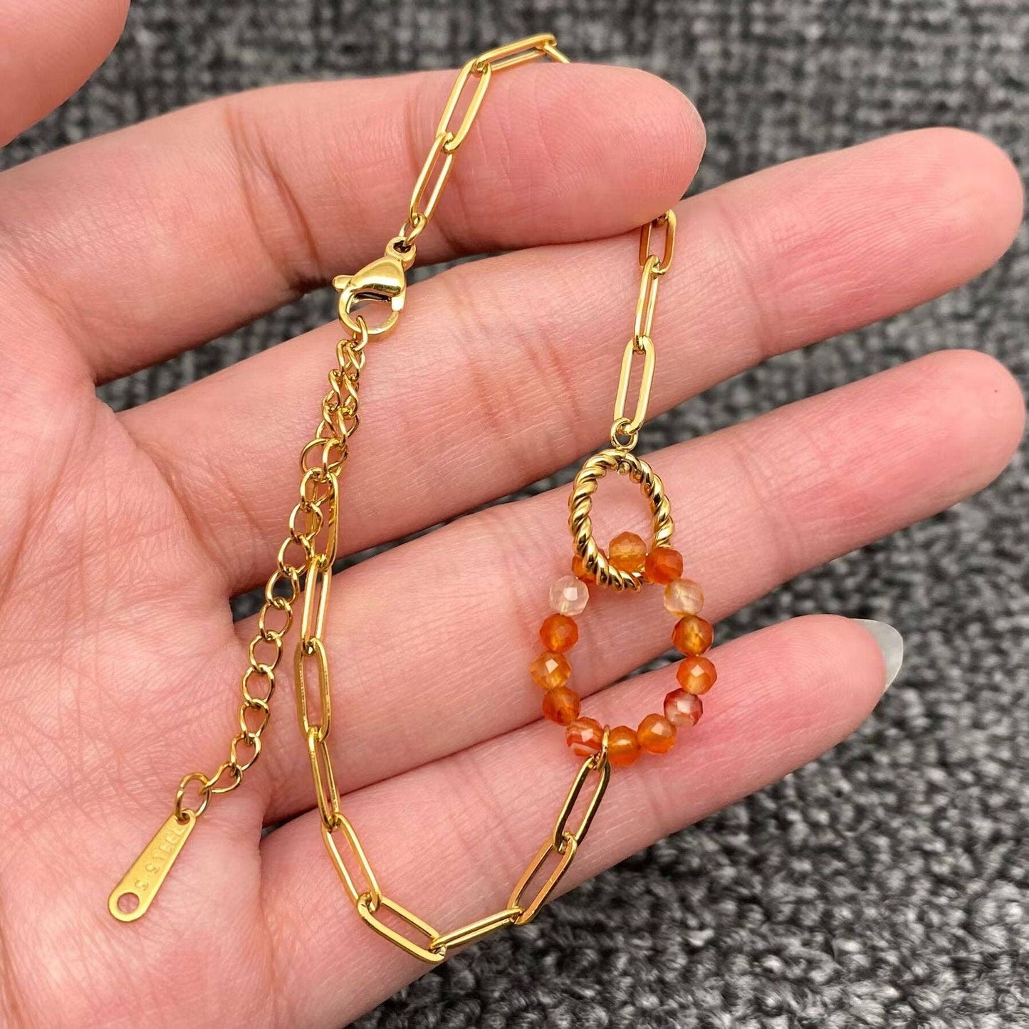 Stone Beaded Ring Linkded 18K Gold Plated Bracelet