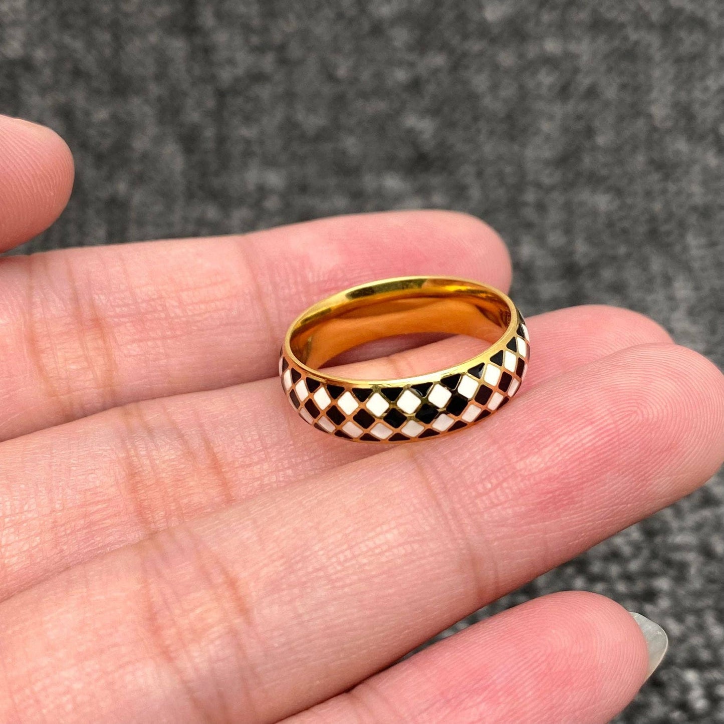 Enamel Black and White Grid 18K Gold Plated Ring