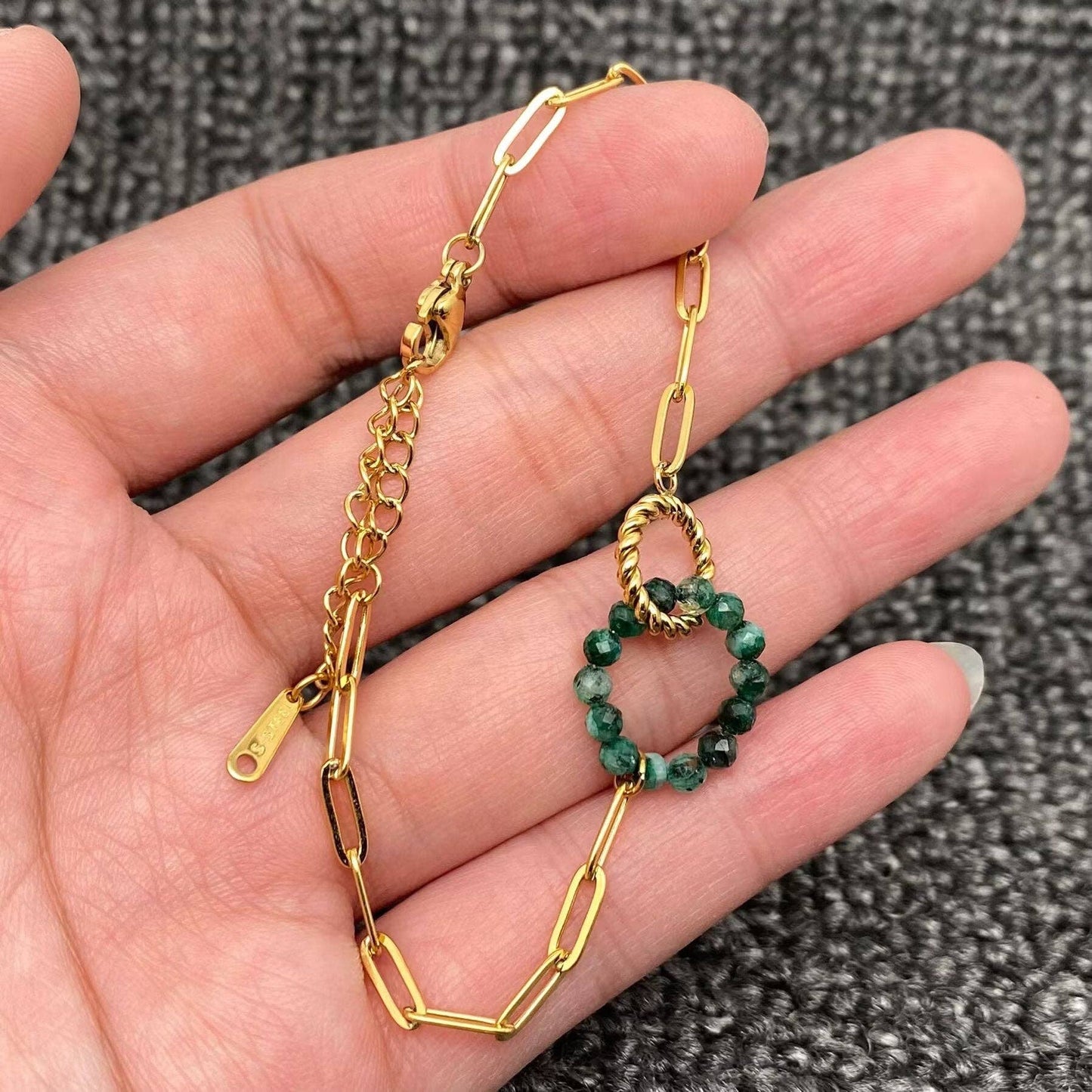Stone Beaded Ring Linkded 18K Gold Plated Bracelet