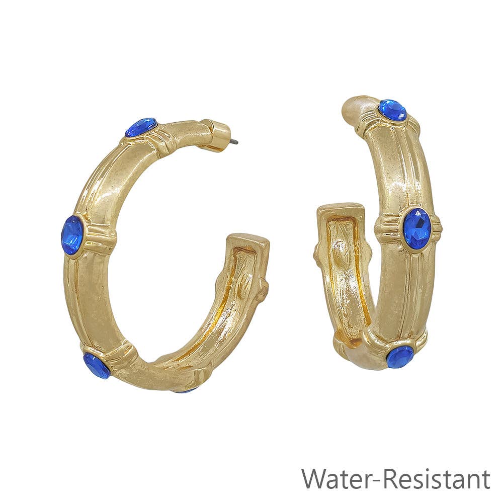 Water Resistant Hammered Hoop with Blue Crystal Earring