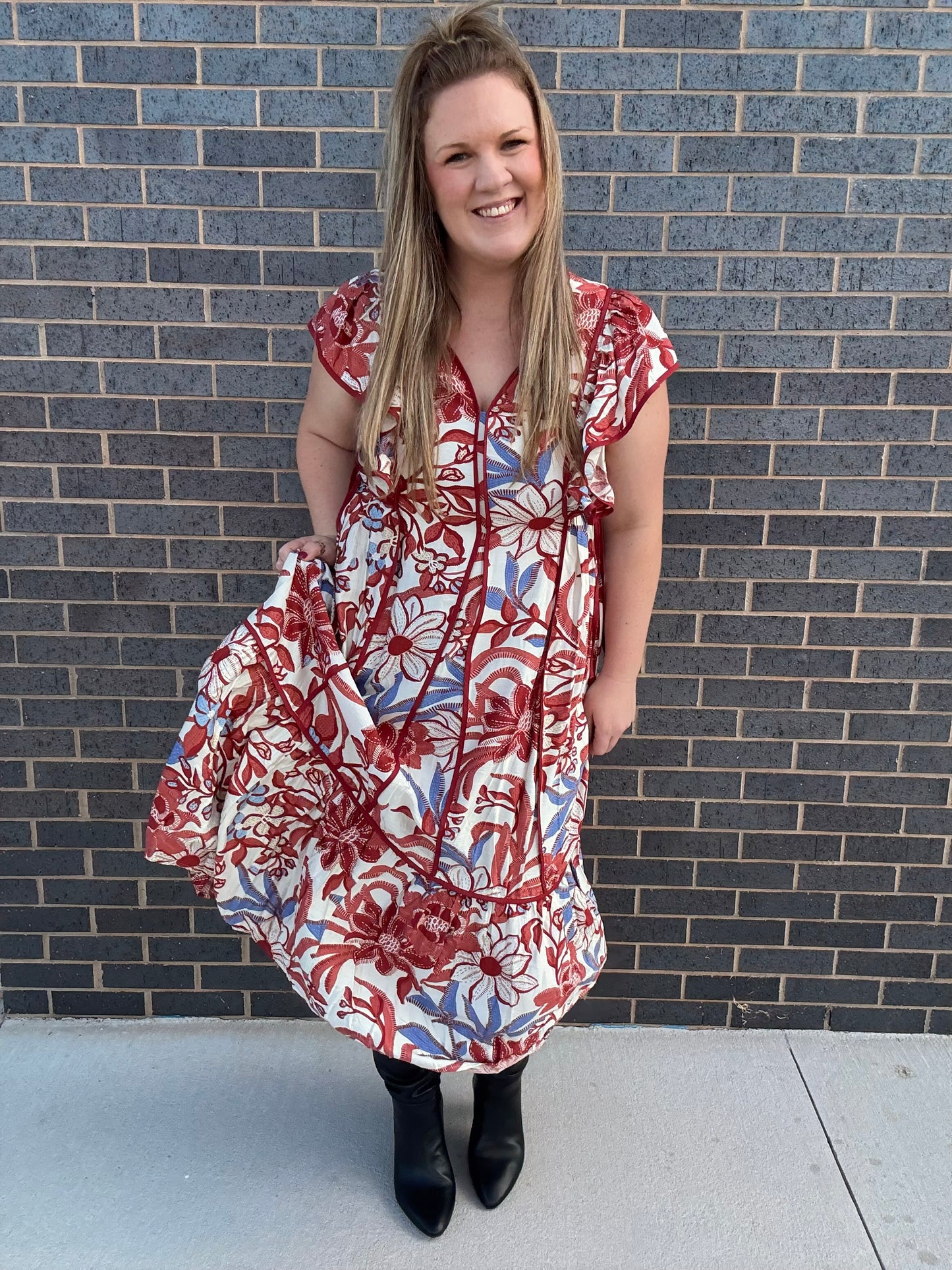 Red/Blue Long Midi Dress w/Ties