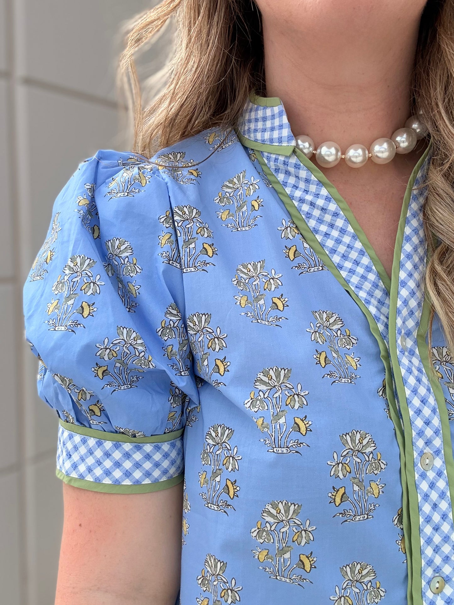 Blue Flower Gingham Accent Blouse