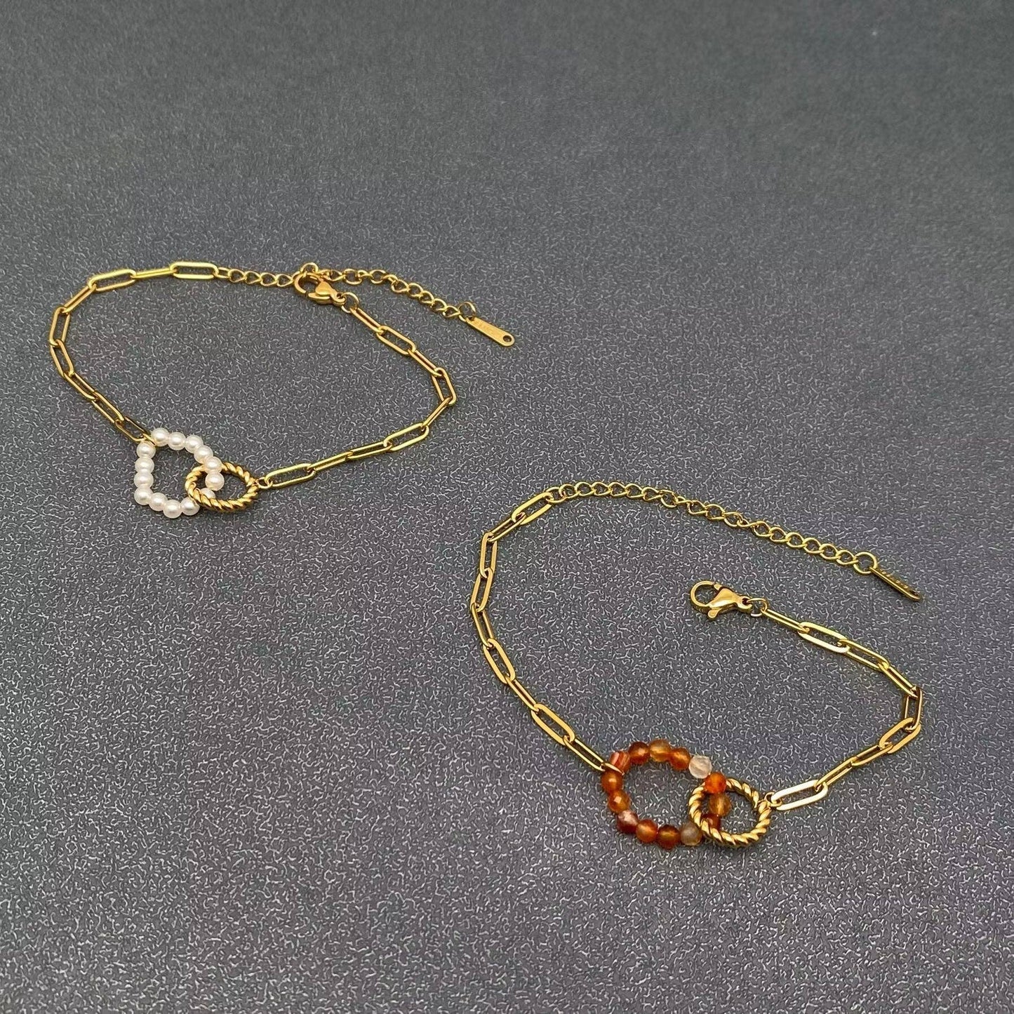 Stone Beaded Ring Linkded 18K Gold Plated Bracelet