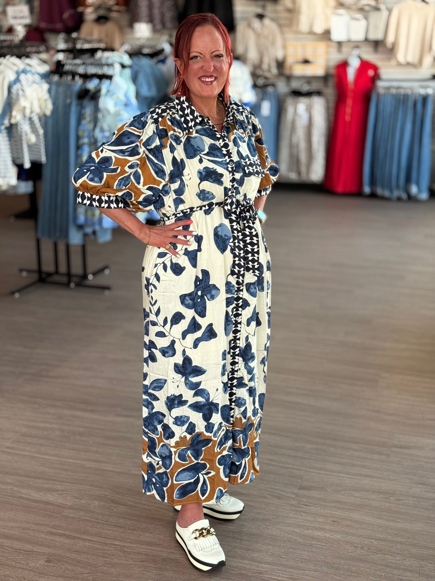 Gold/Navy Flower Midi Dress