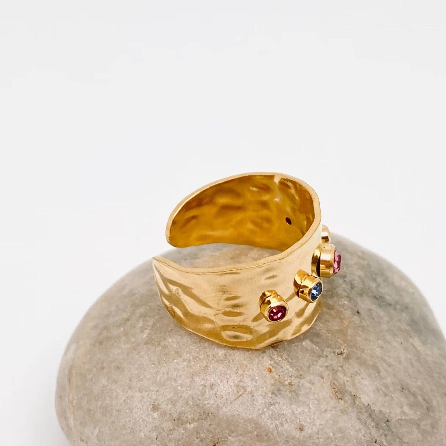 Colored Zircon Stainless Steel 18K Gold Plated Wide Ring