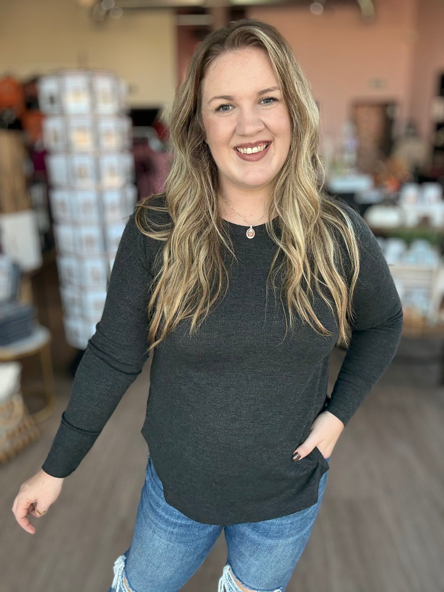 Black Waffle Henley Top