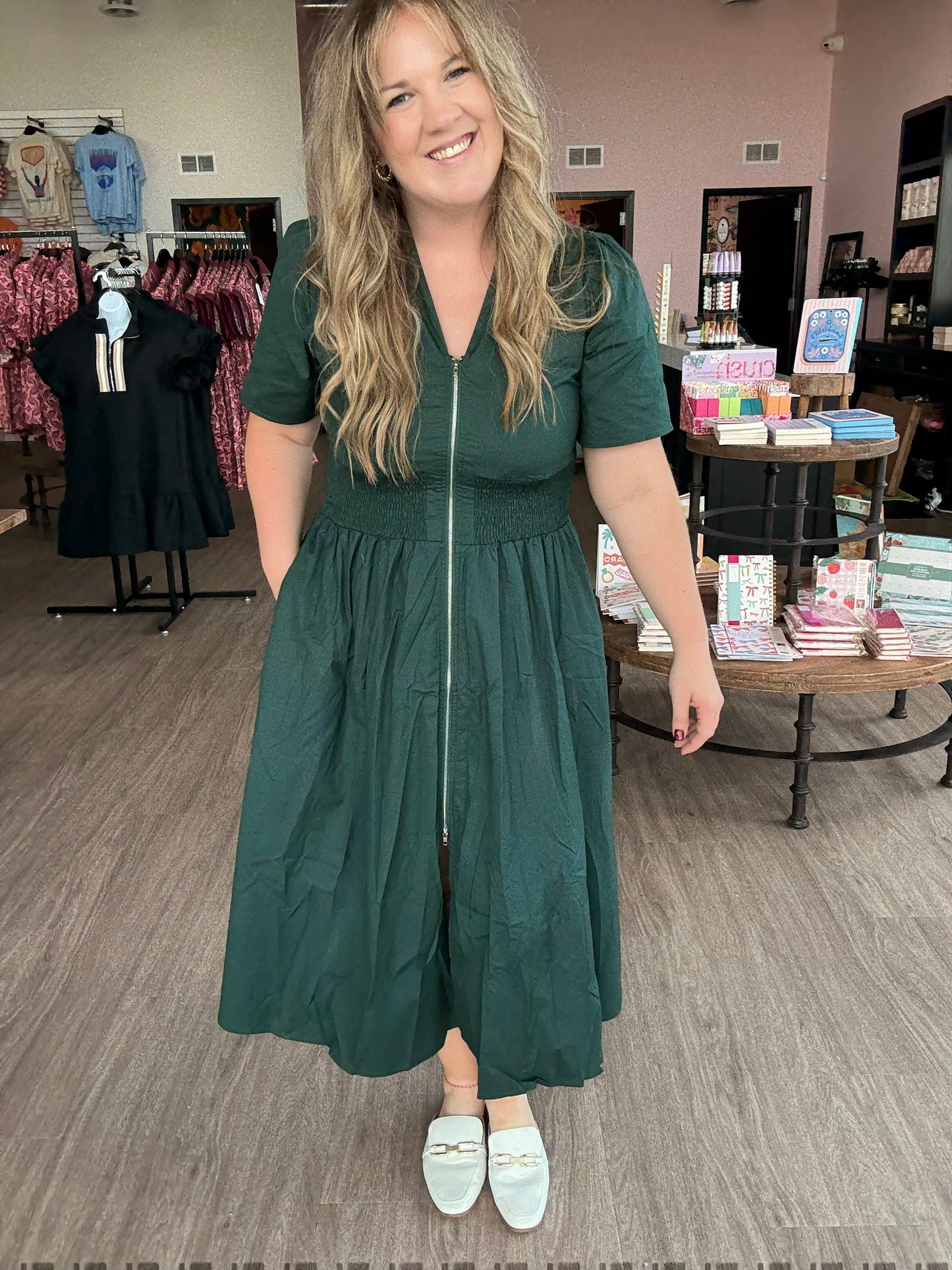 Emerald Midi Dress w/Zip Down