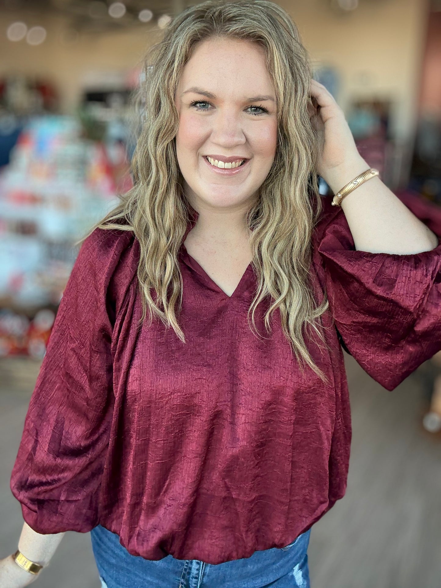 Red Satin Long Sleeve Blouse