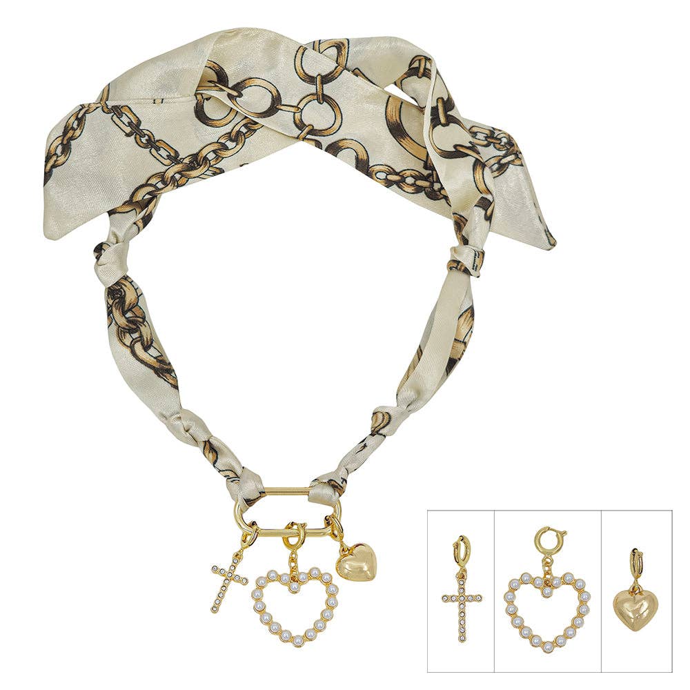 White Multi with Heart Charm Scarf Necklace