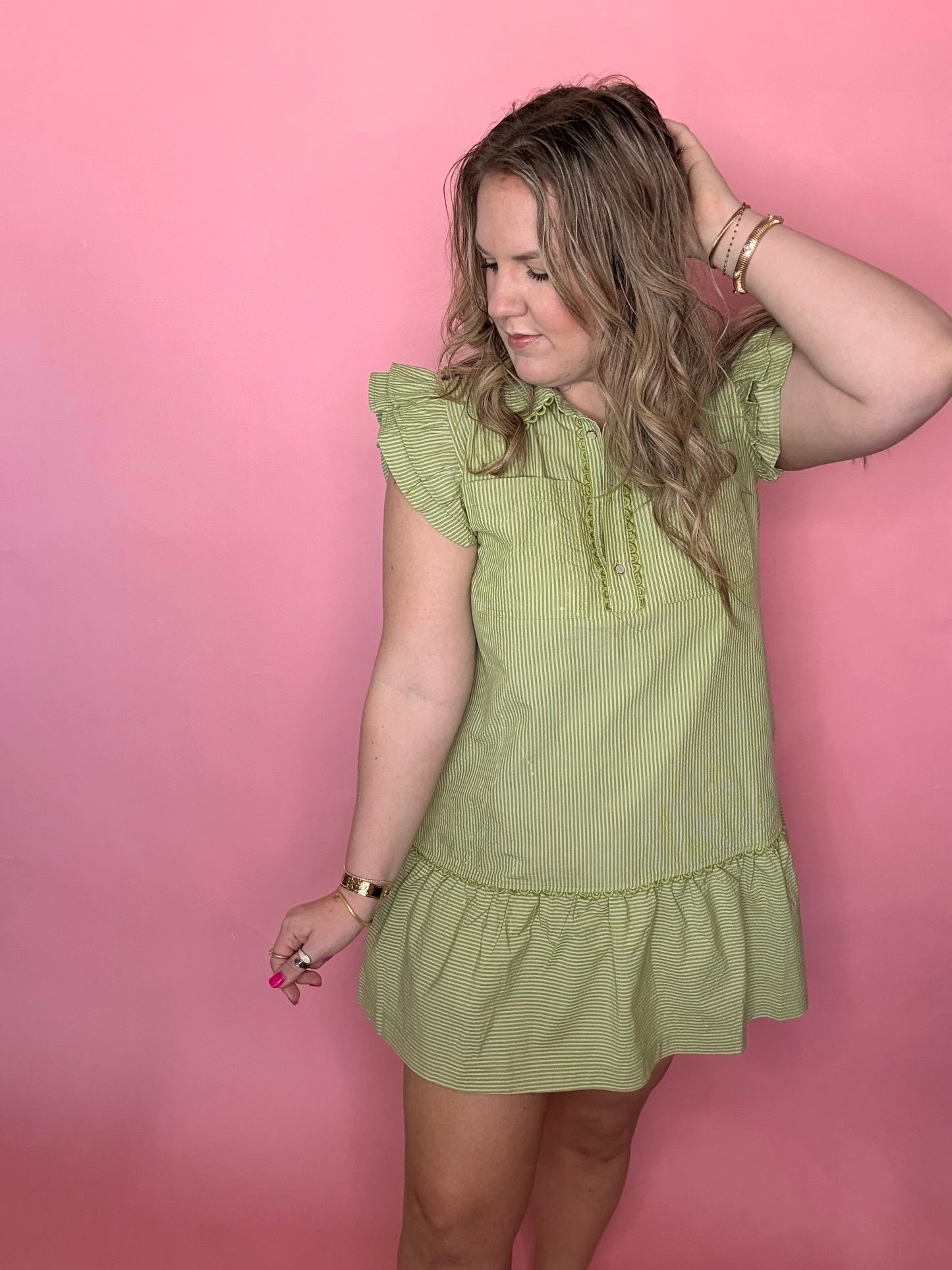 Avocado Pinstripe w/Scallop Dress