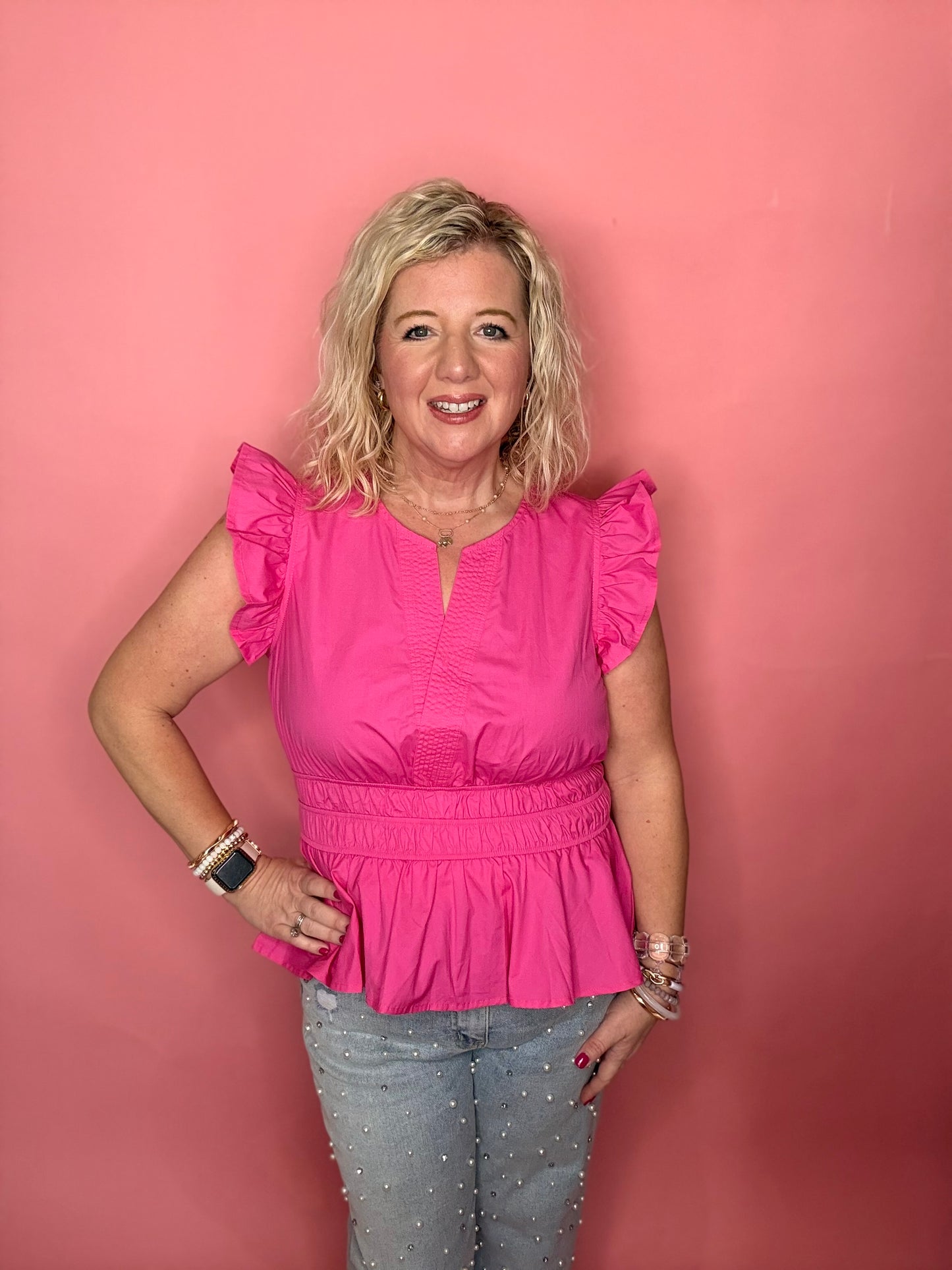 Pink Ruffle Peplum Blouse
