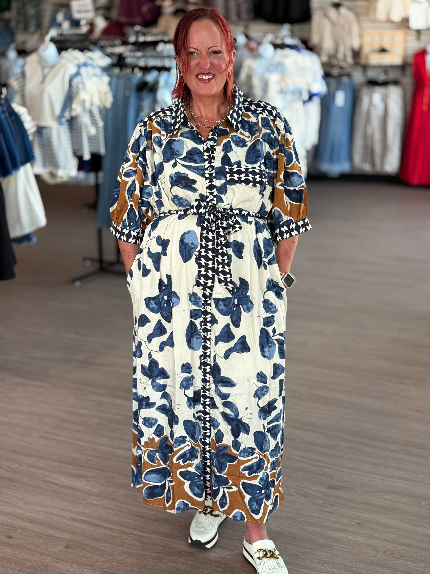Gold/Navy Flower Midi Dress