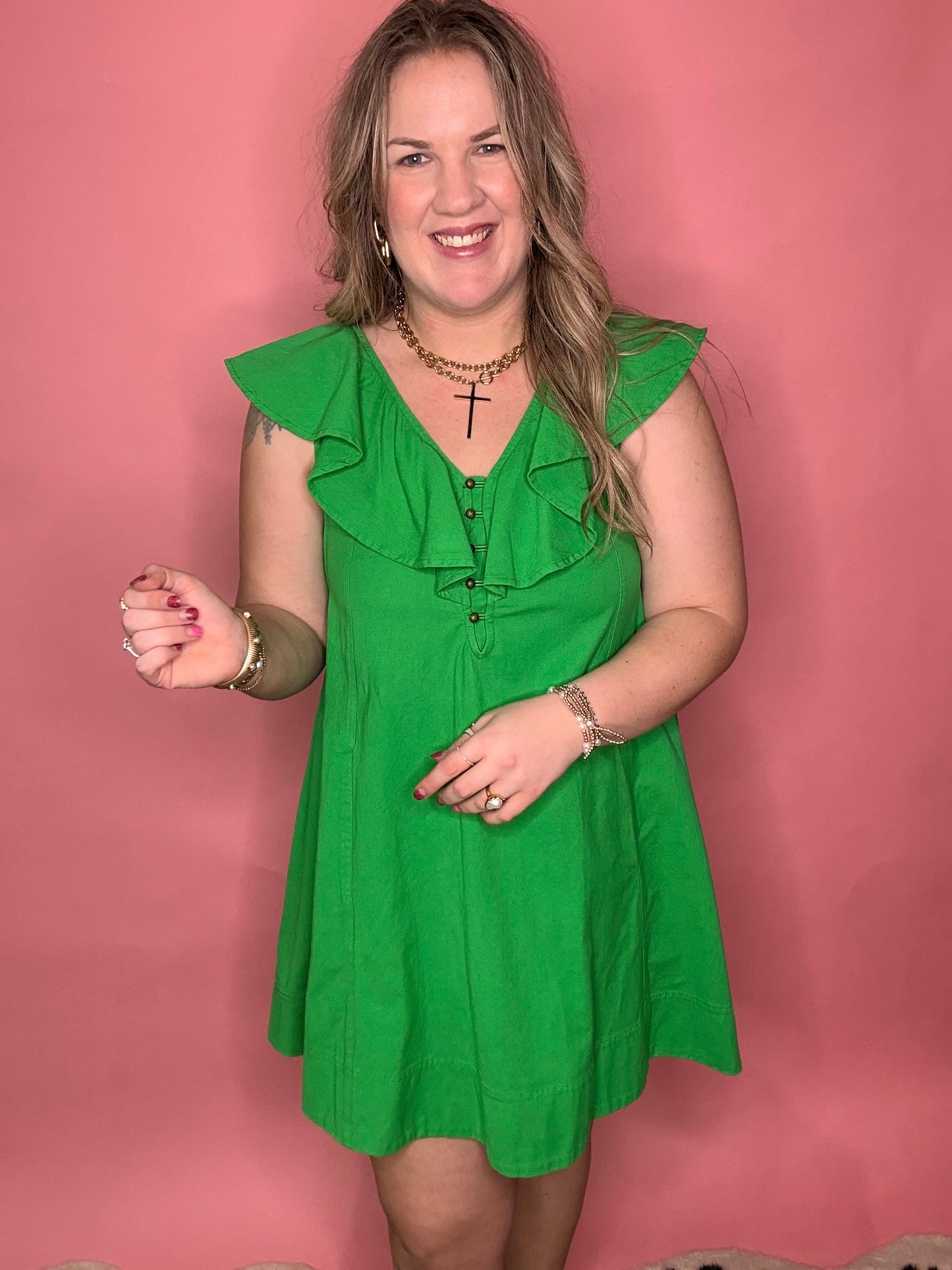 Green Ruffle Neck Dress