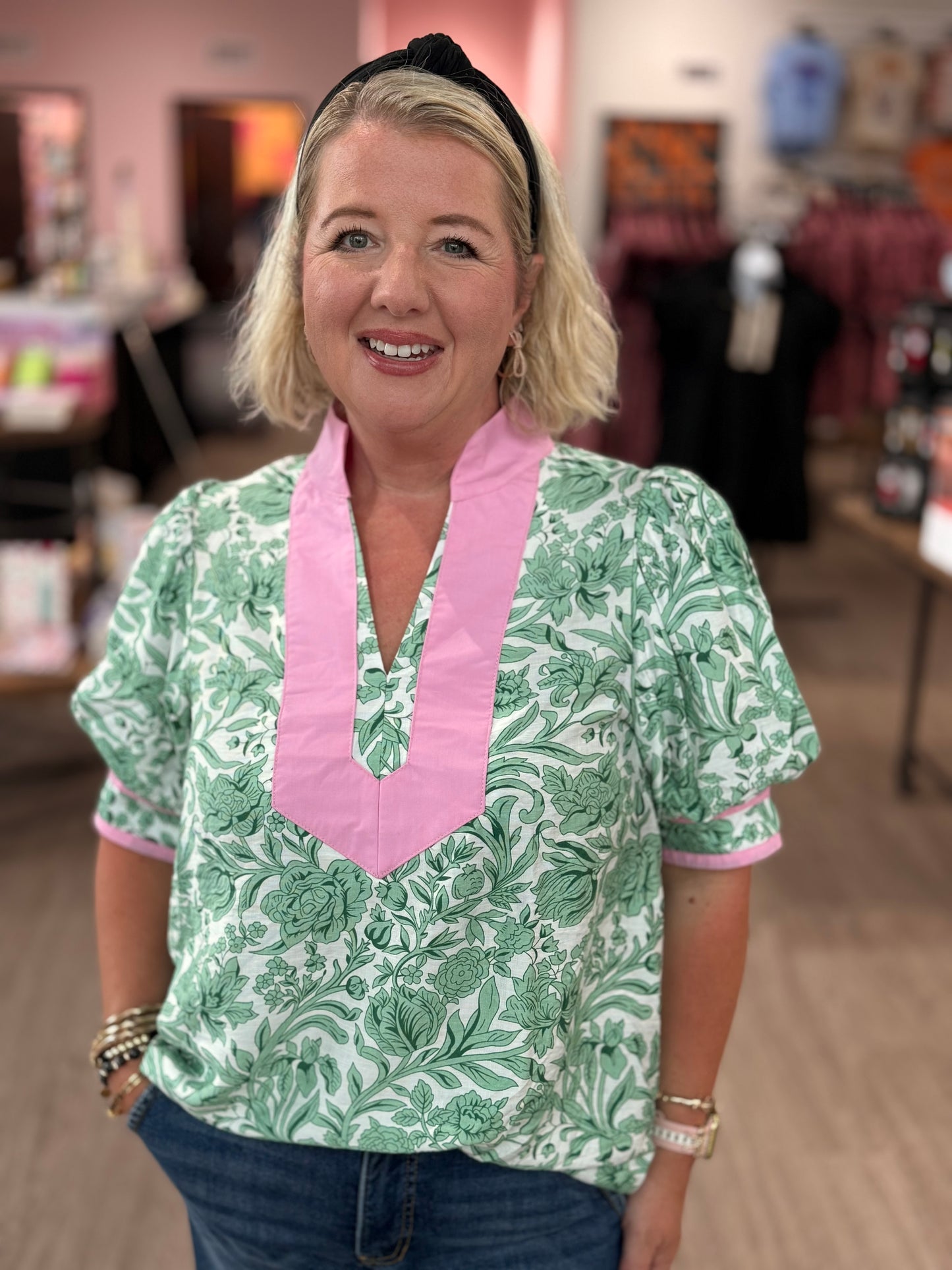 Green Floral w/ Pink Detail Top