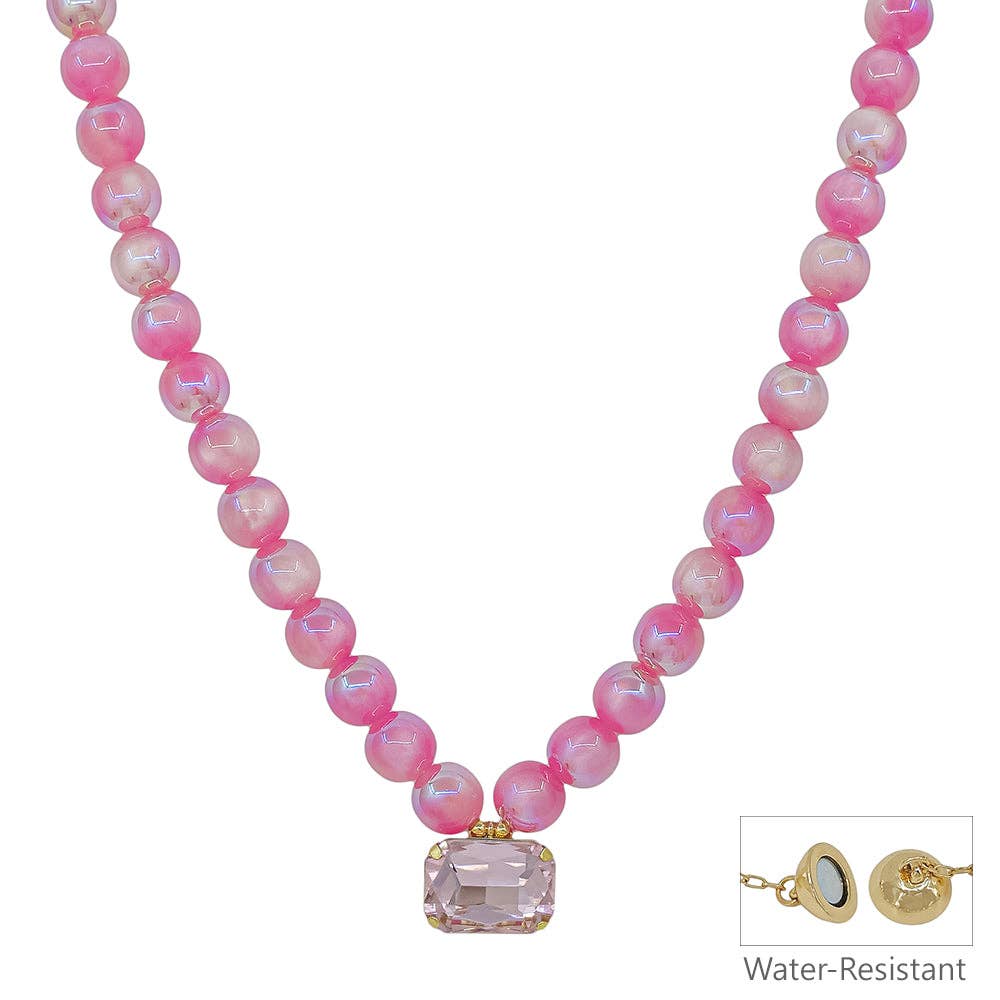 Pink Beaded with Rectangle Crystal Necklace