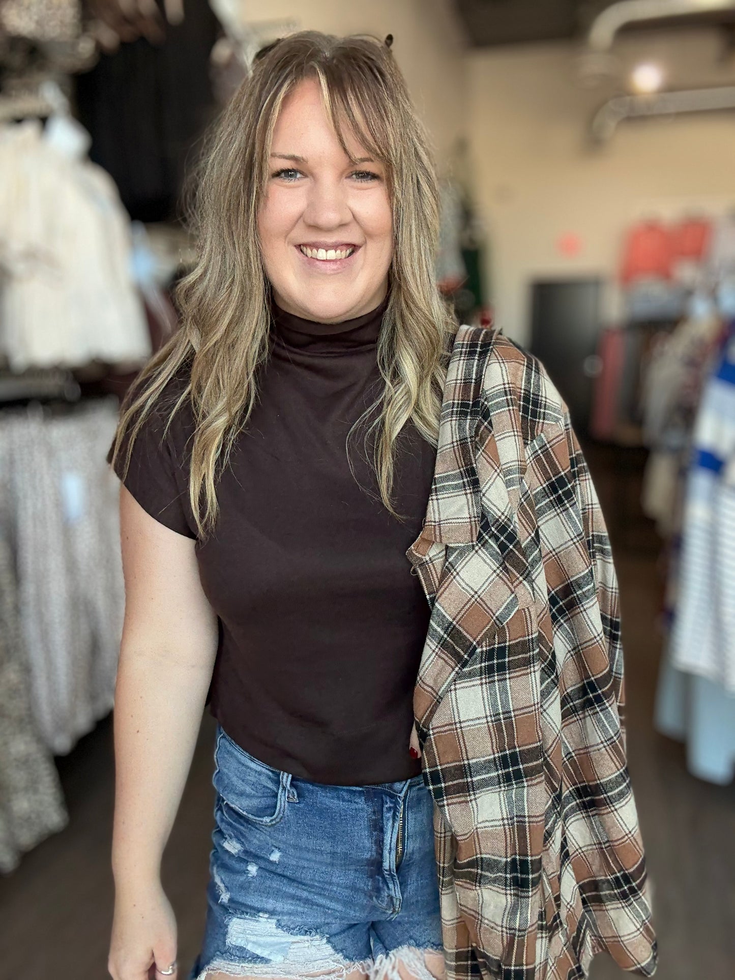 Brown Mock Neck Lightweight Top