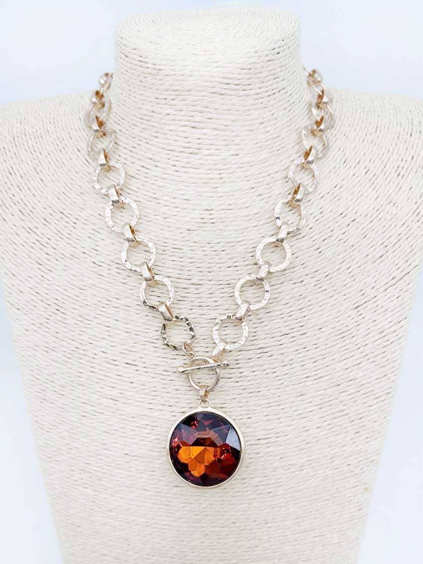 Gold Hammered Chain with Brown Crystal Necklace
