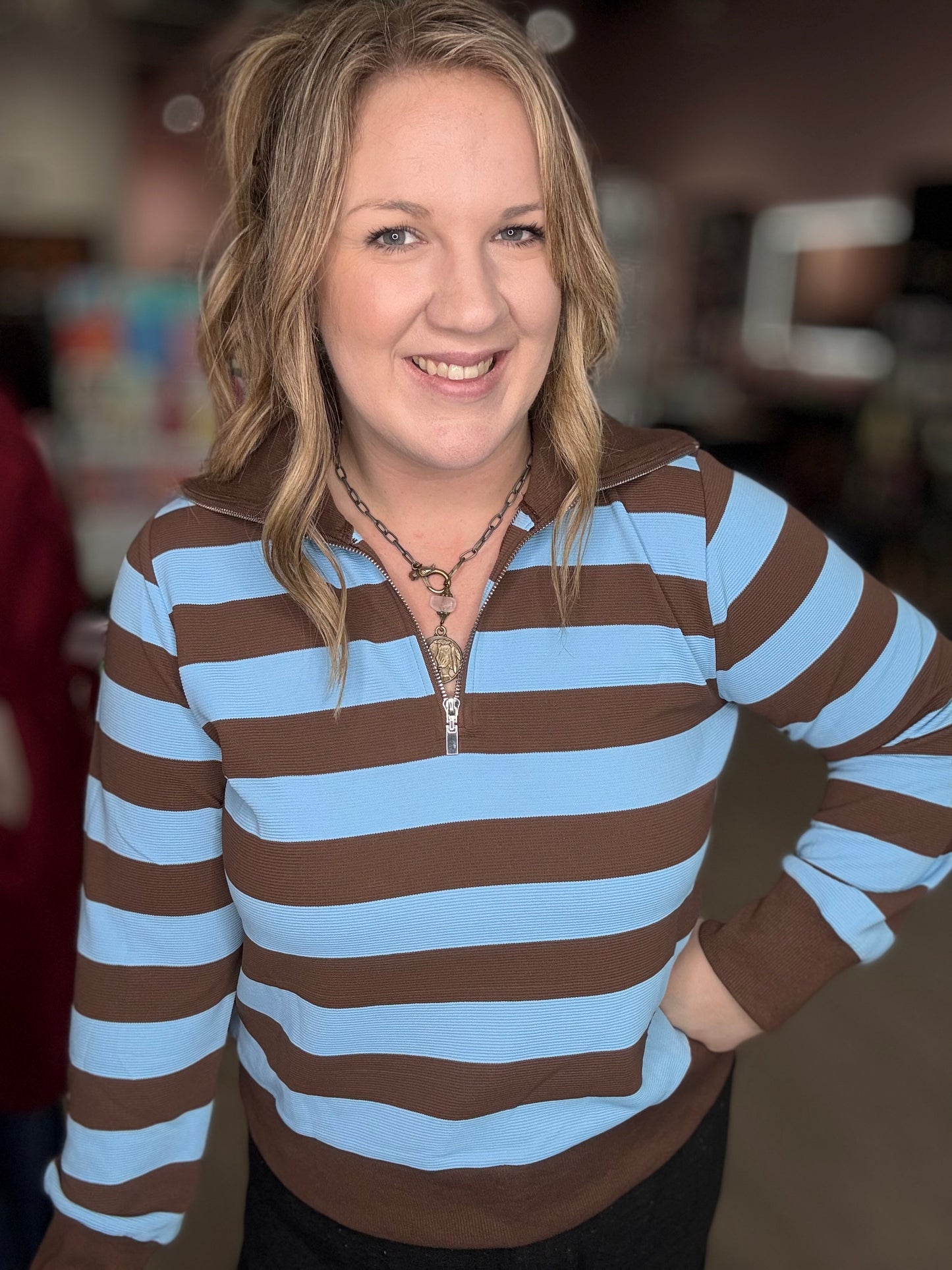 Brown/Blue Stripe Zip Sweater