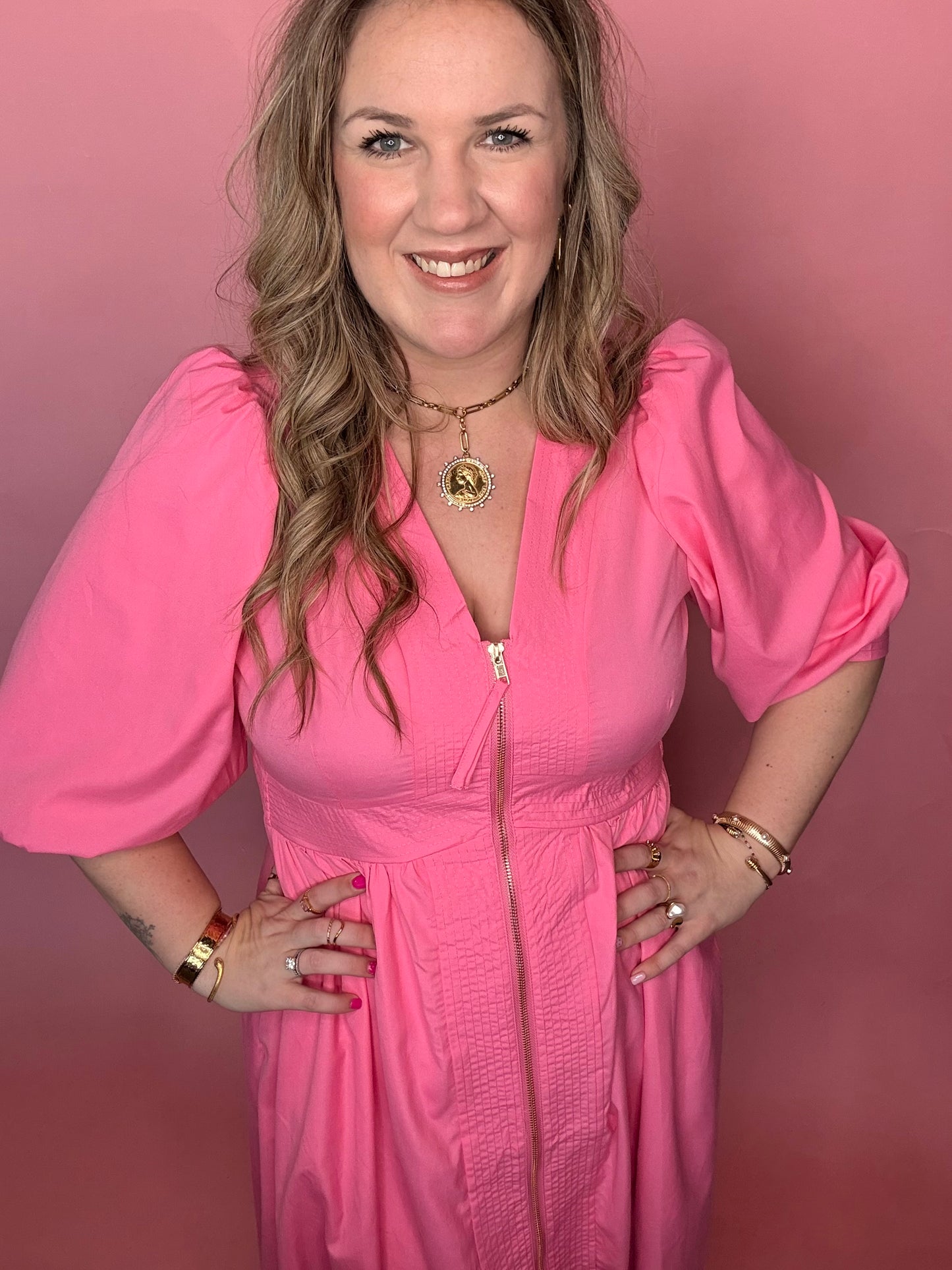 Pink Midi Dress w/Smock Waist
