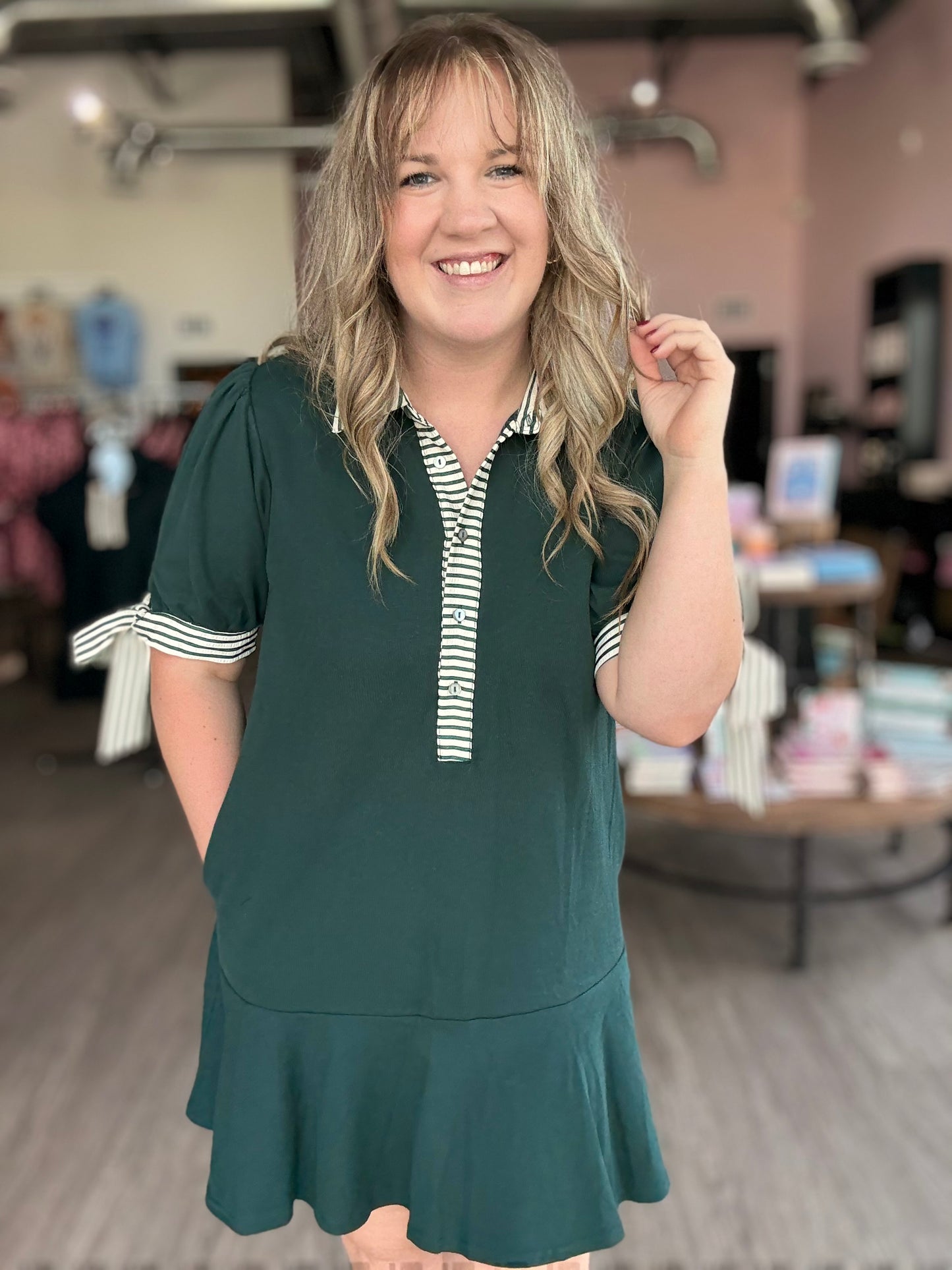 Emerald Dress w/ Stripe Tie Sleeves