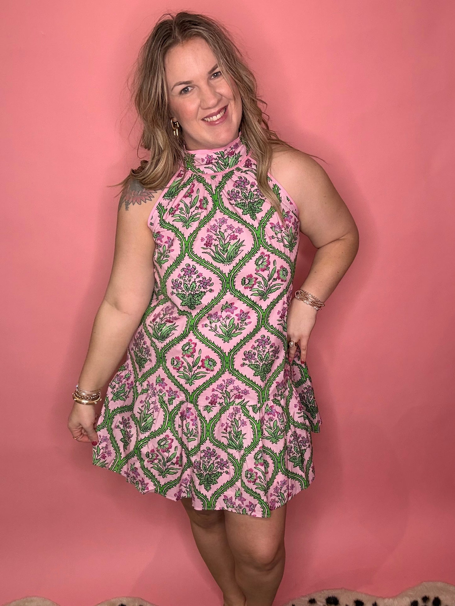 Pink Floral Dreams Halter Dress