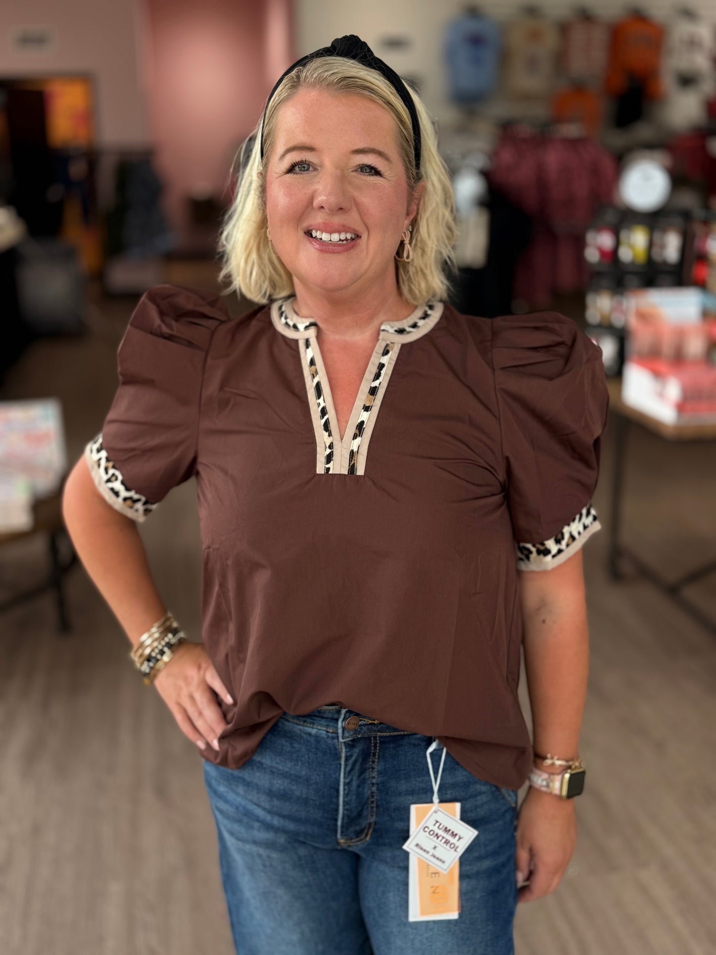 Brown Leopard Accent Top