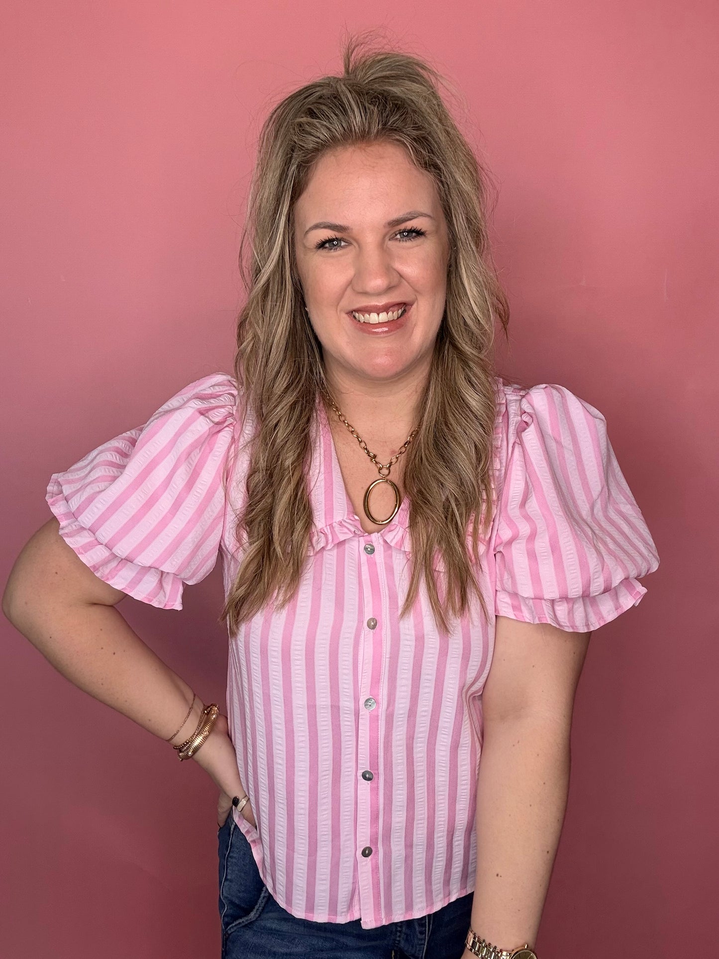 Pink Peter Pan Collar Striped Blouse