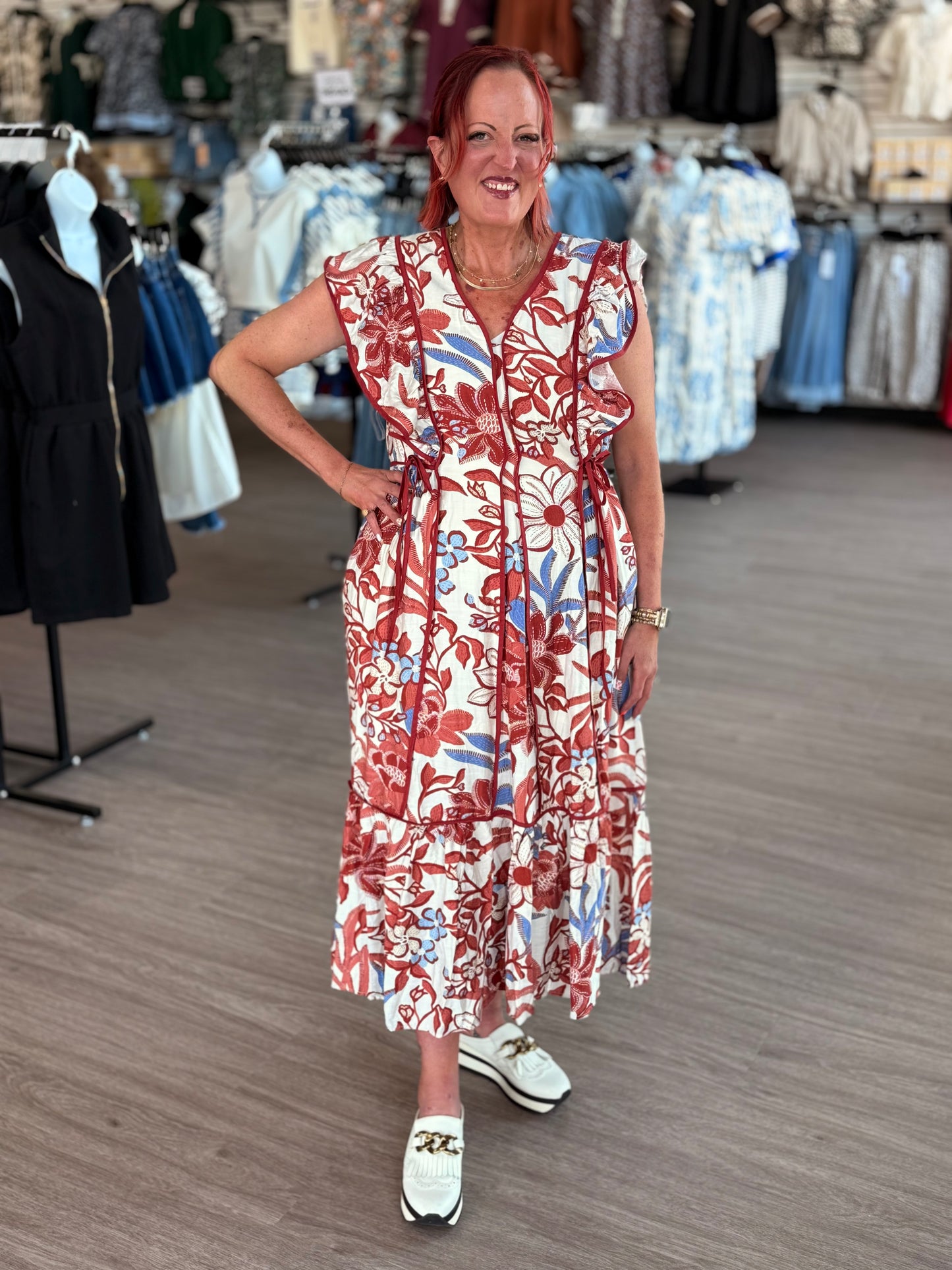 Red/Blue Long Midi Dress w/Ties