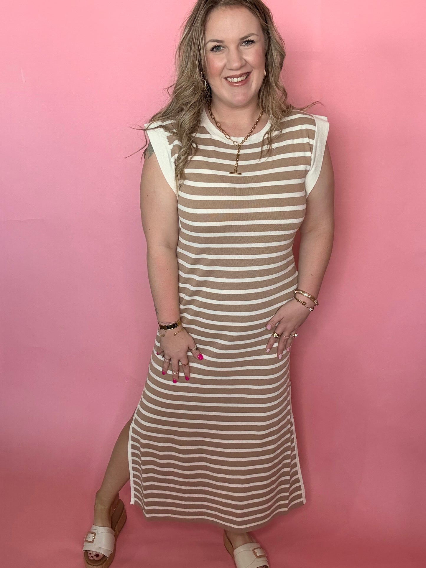 Taupe Stripe Midi Dress with Cream