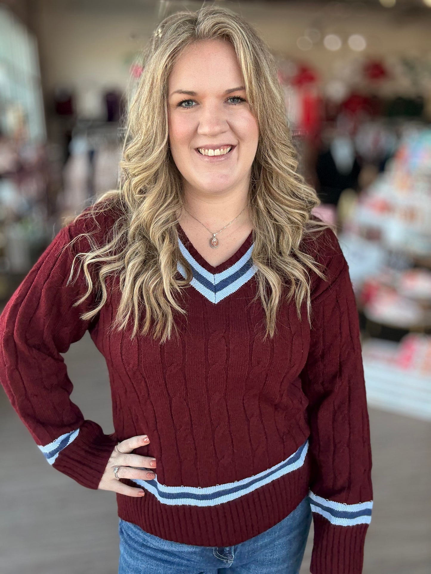 Burgundy Blue Stripe Cable Knit Sweater