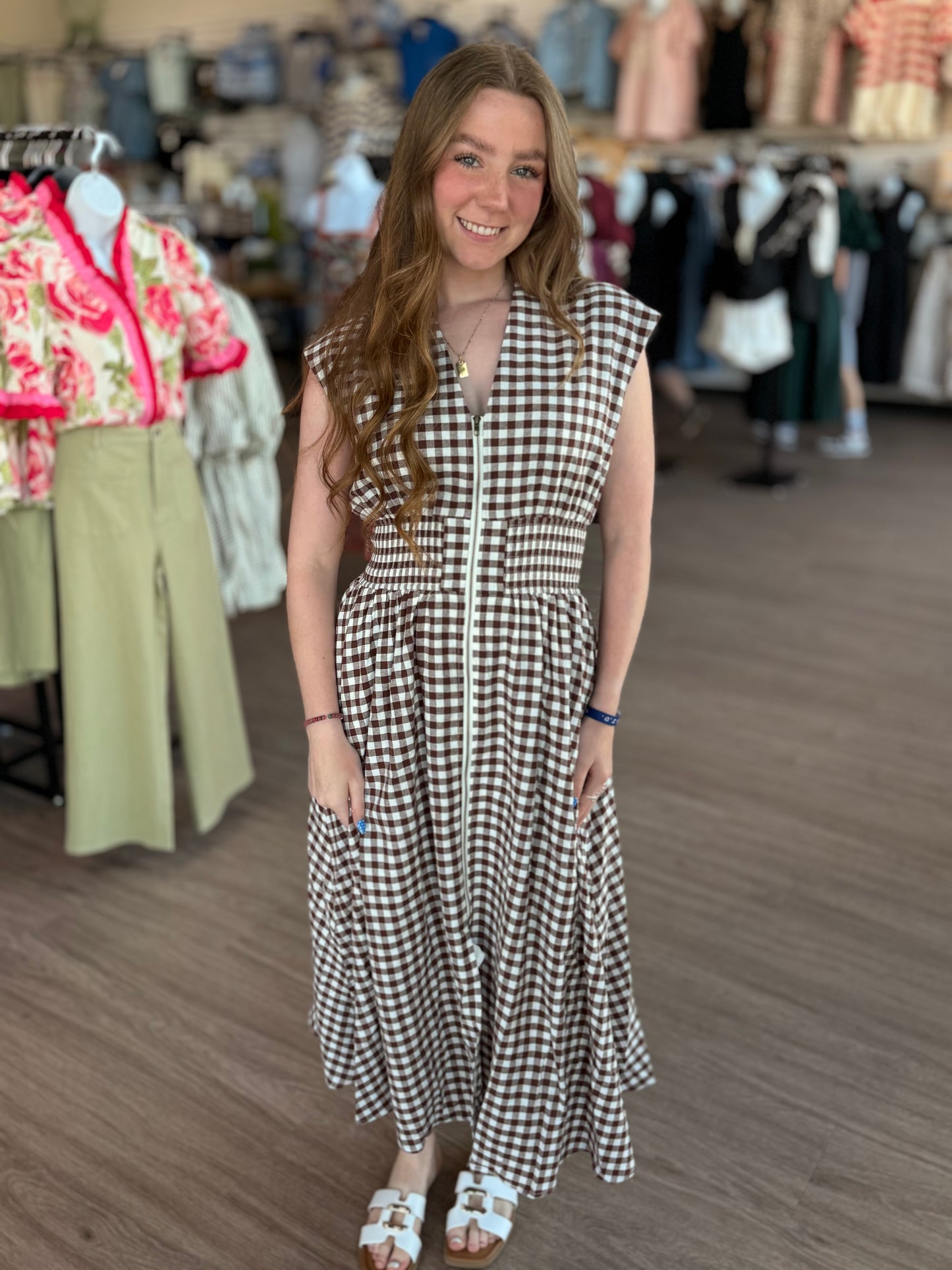 Brown Gingham Zipper Dress