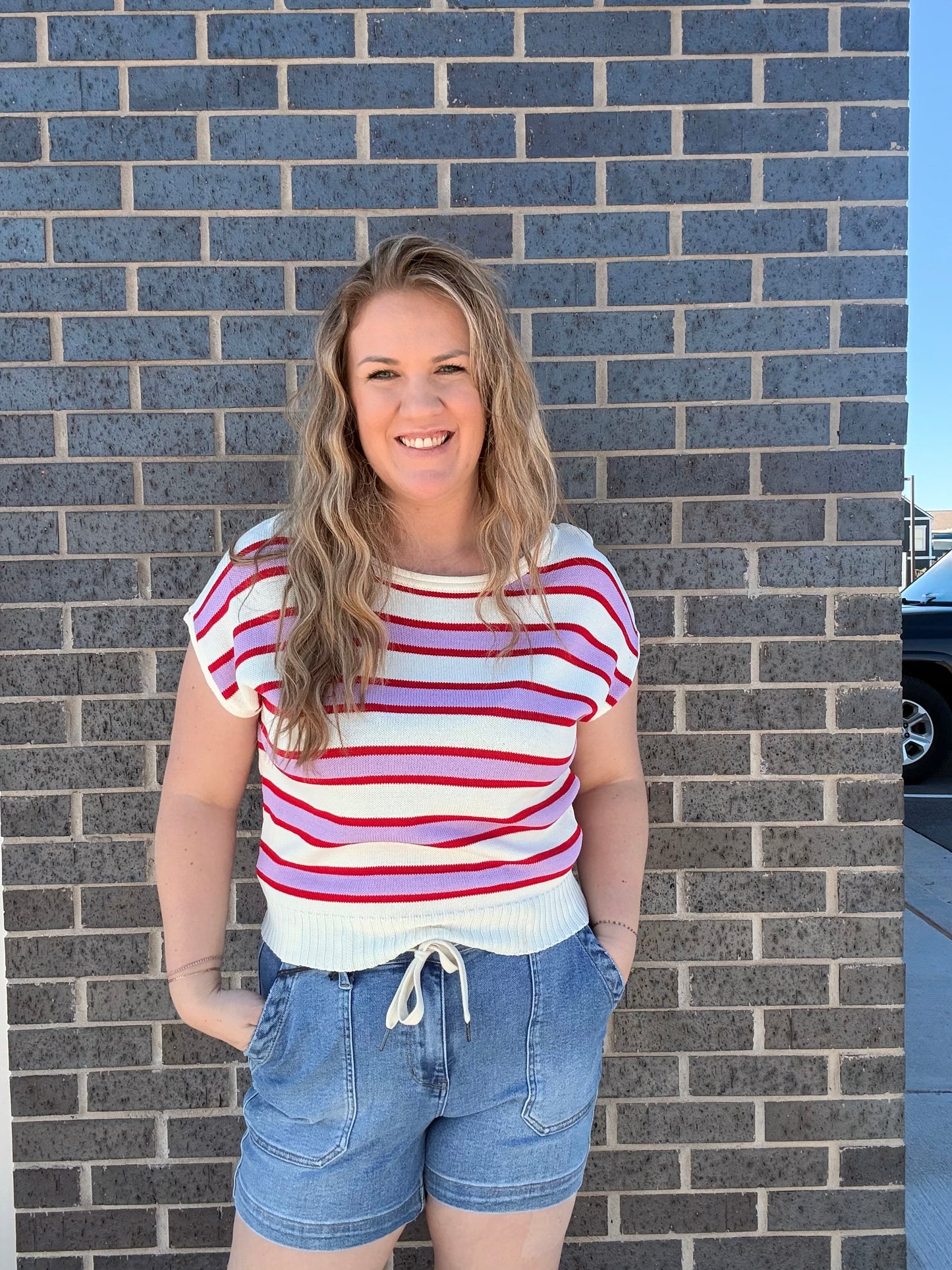 Cream, Pink, Red Stripe Knit Top
