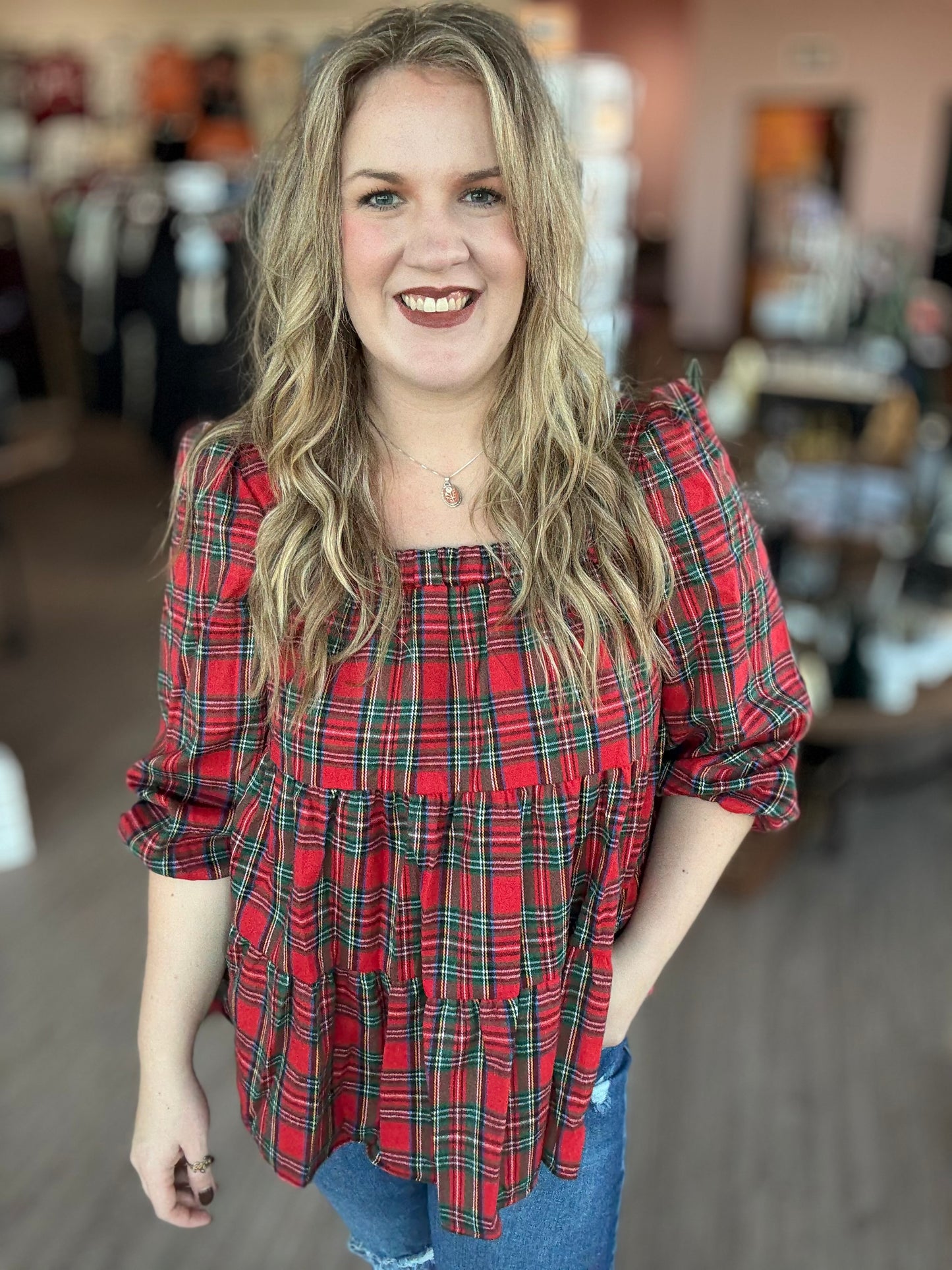 Red Plaid Square Neck Blouse