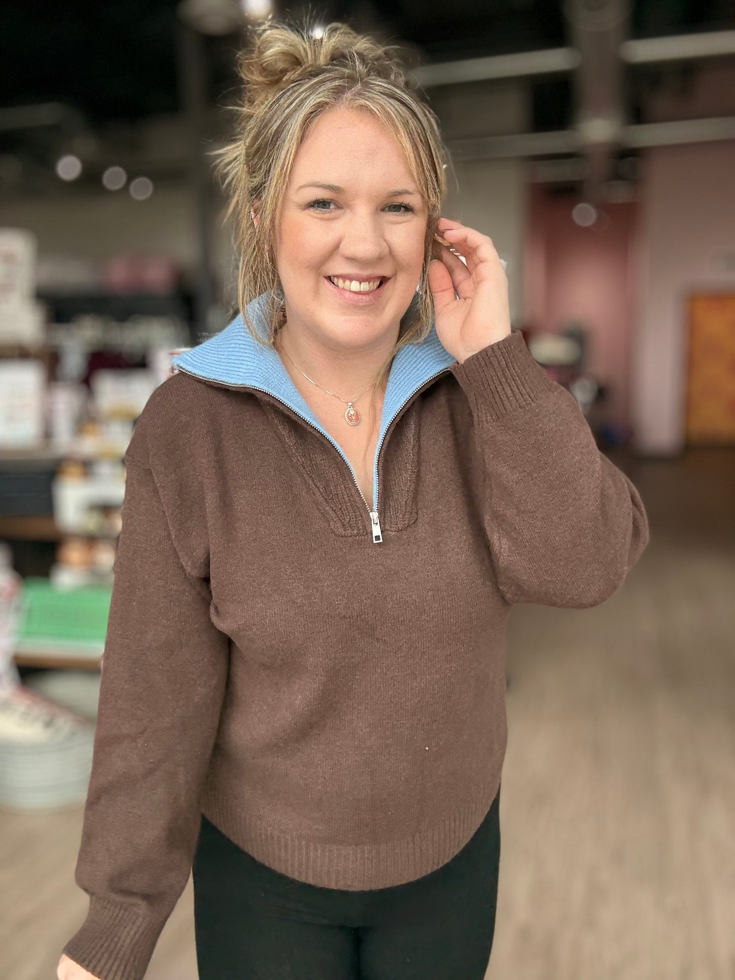 Brown Zip Down Blue Collar Sweater
