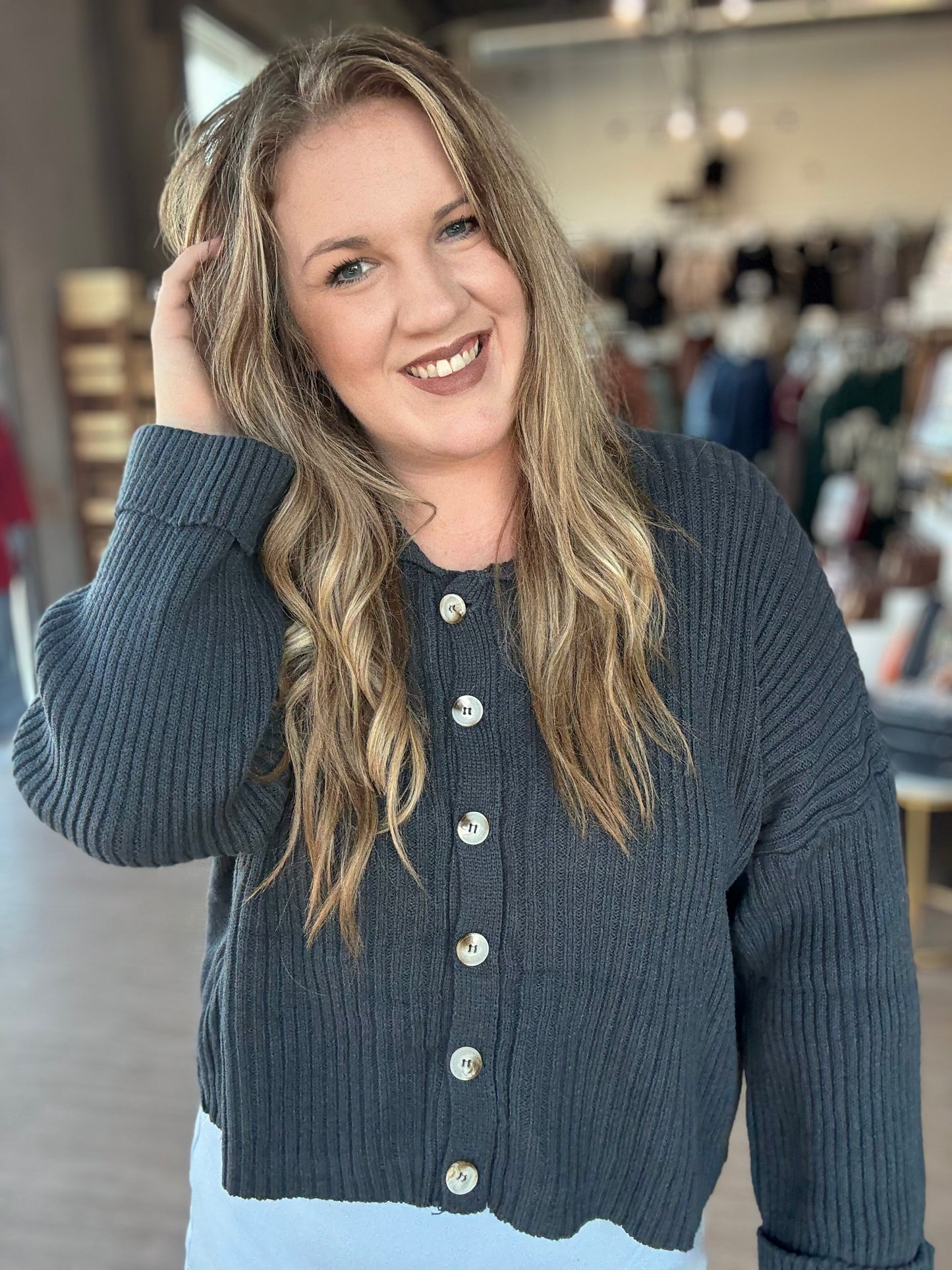 Navy Ribbed Button Down Sweater
