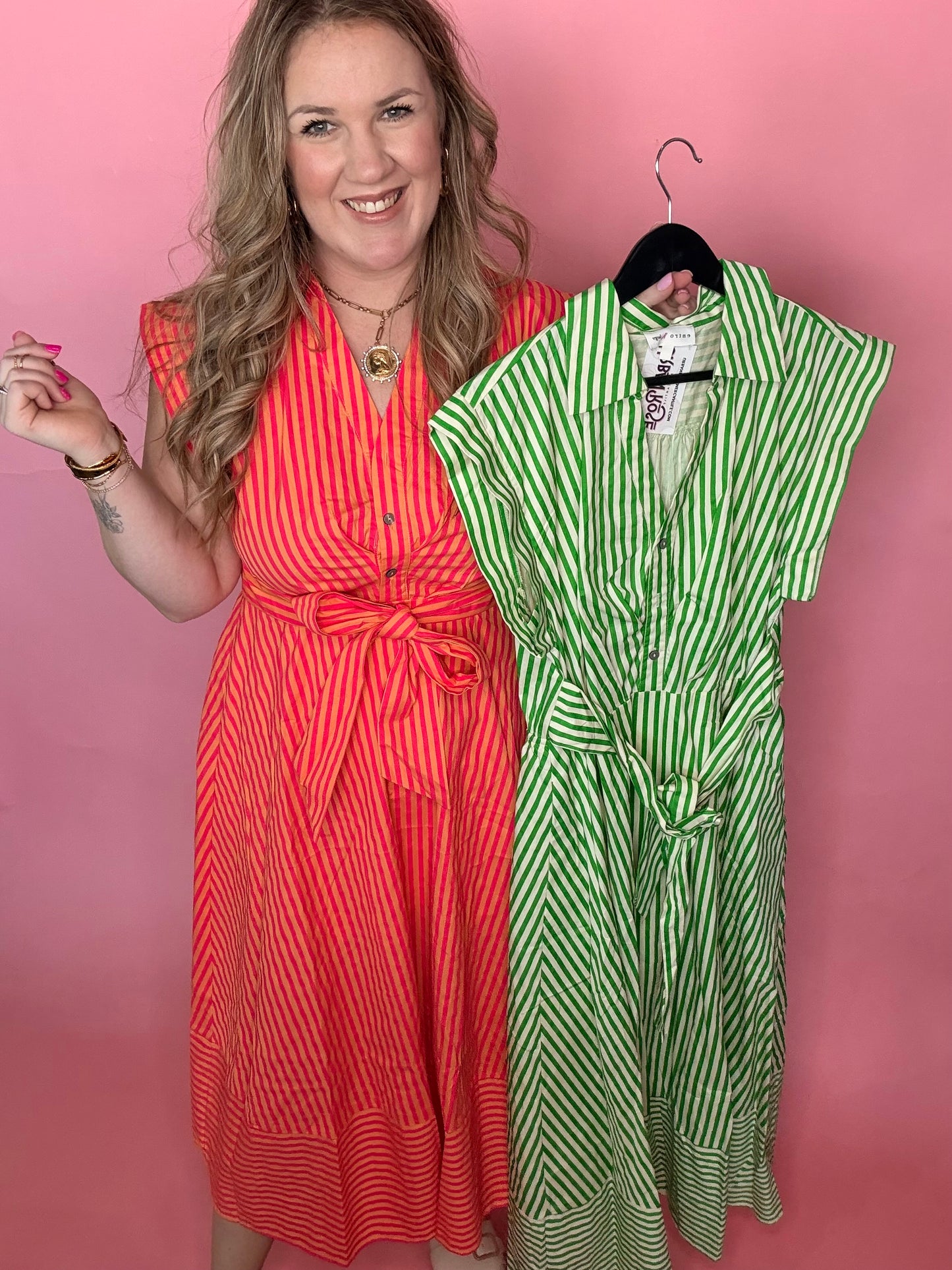 Hot Pink Stripe Tie Midi Dress