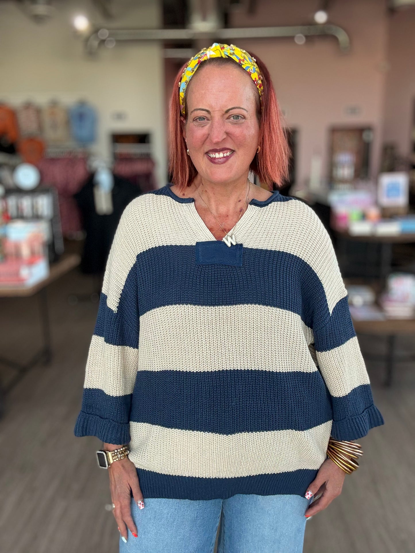 Navy/Taupe Knit 3/4 Sleeve Top